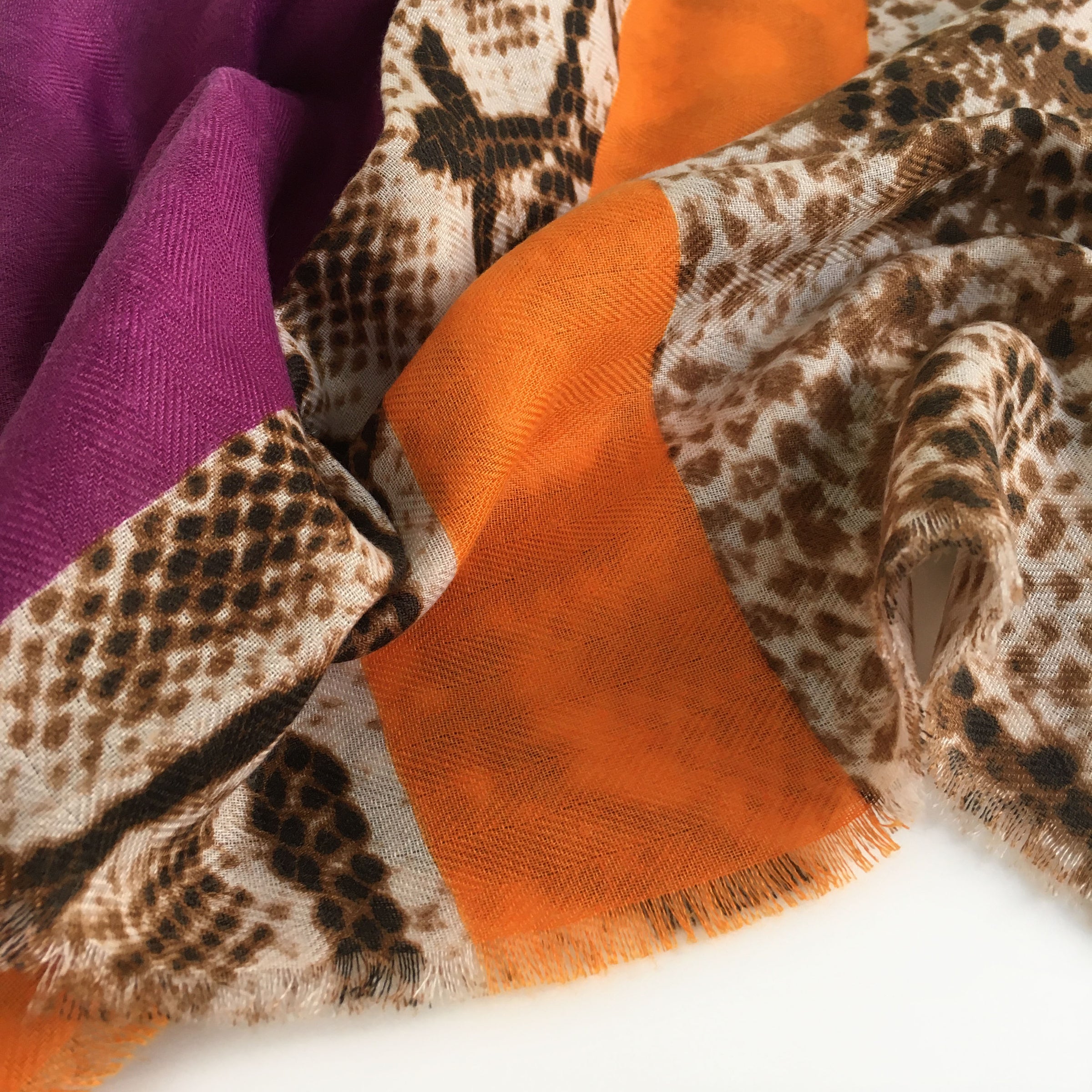 A-SHU LARGE ORANGE BLOCK PRINT SNAKESKIN SHAWL SCARF - A-SHU.CO.UK