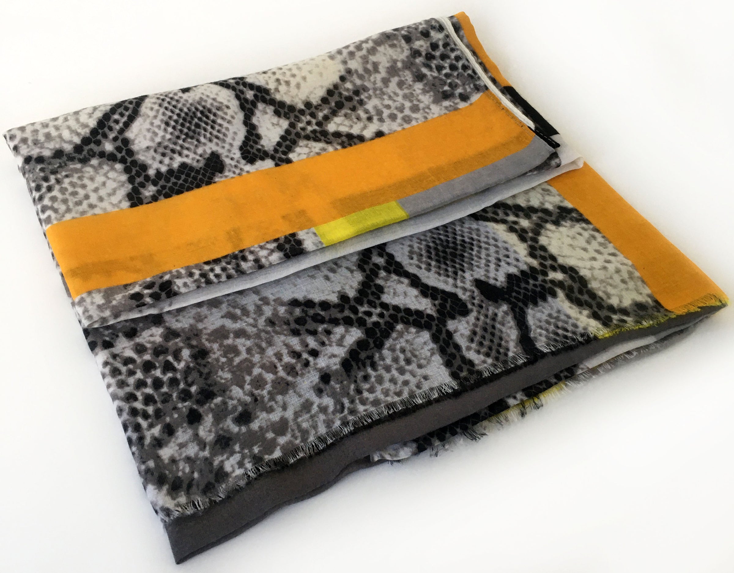 A-SHU LONG MUSTARD YELLOW BLOCKS SNAKESKIN PRINT LIGHTWEIGHT SHAWL SCARF - A-SHU.CO.UK