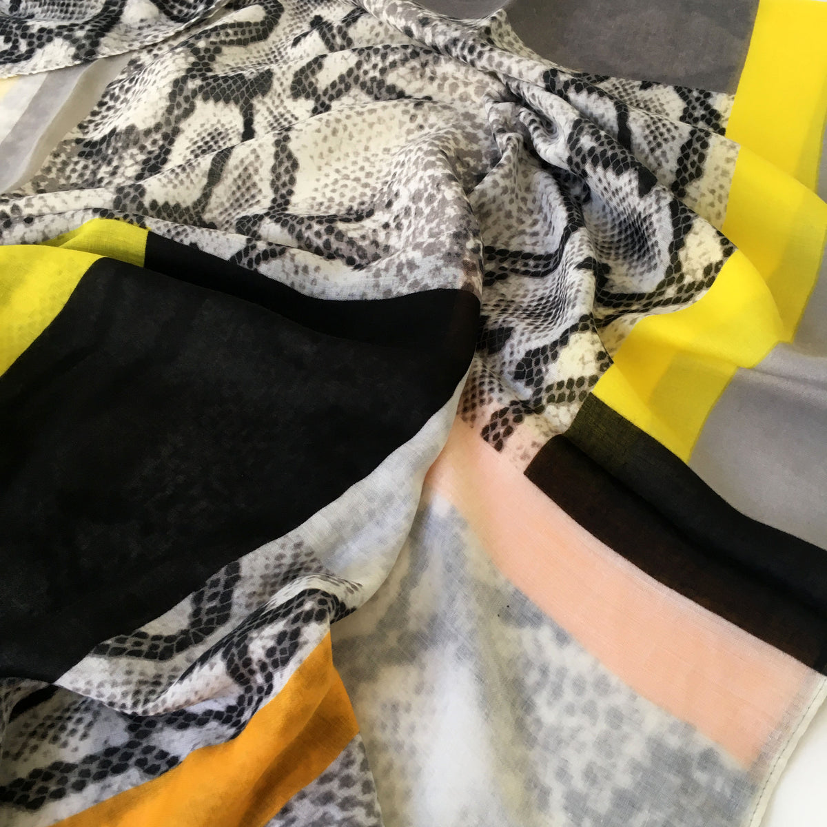 A-SHU LONG MUSTARD YELLOW BLOCKS SNAKESKIN PRINT LIGHTWEIGHT SHAWL SCARF - A-SHU.CO.UK