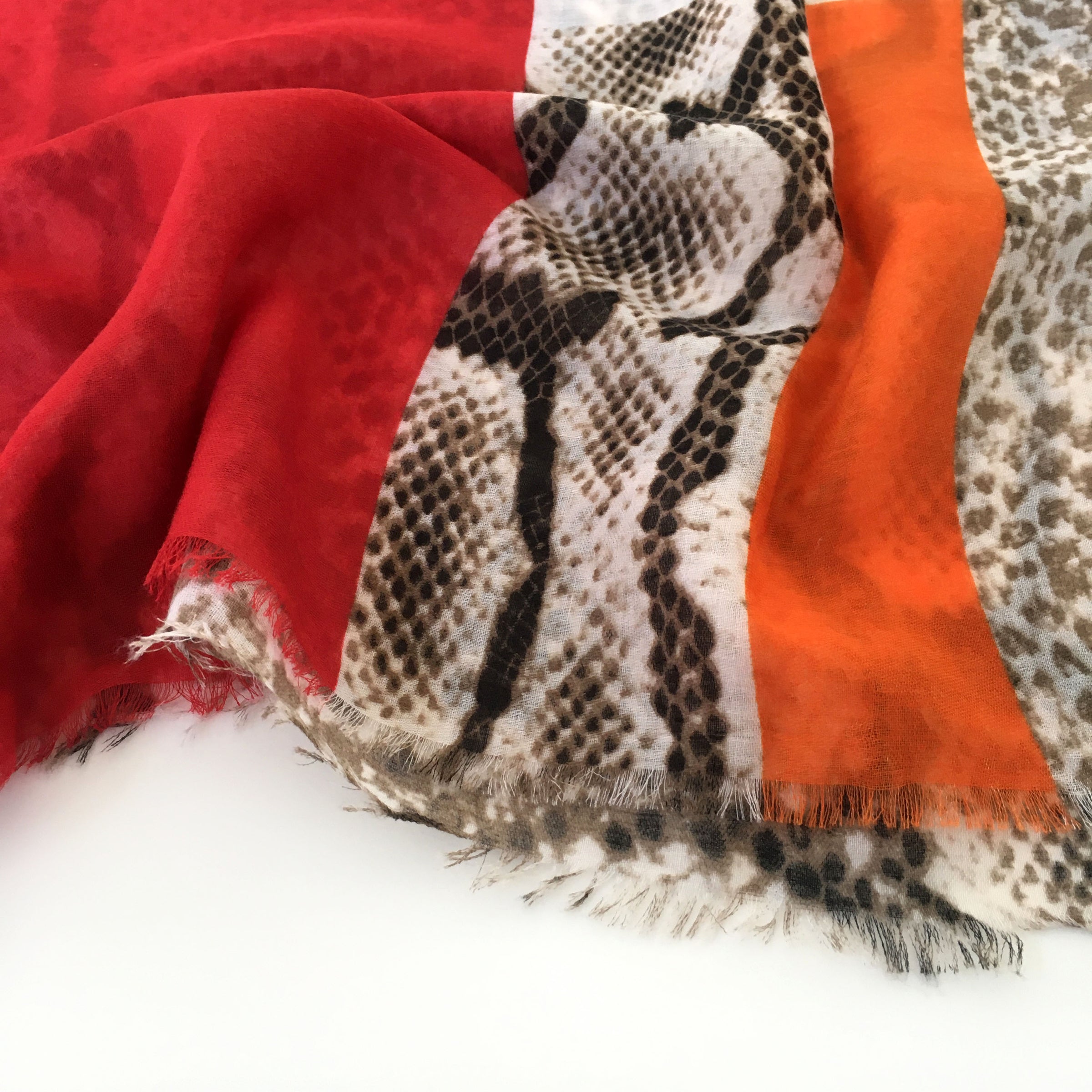 A-SHU LONG RED BLOCKS SNAKESKIN PRINT LIGHTWEIGHT SHAWL SCARF - A-SHU.CO.UK