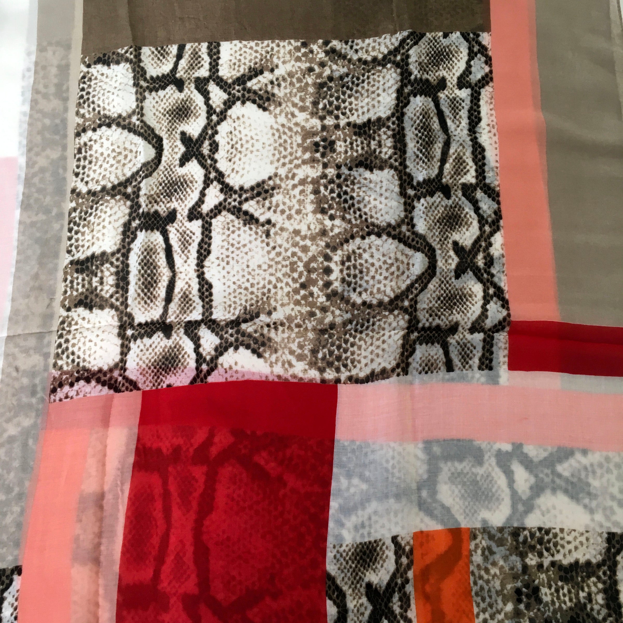 A-SHU LONG RED BLOCKS SNAKESKIN PRINT LIGHTWEIGHT SHAWL SCARF - A-SHU.CO.UK