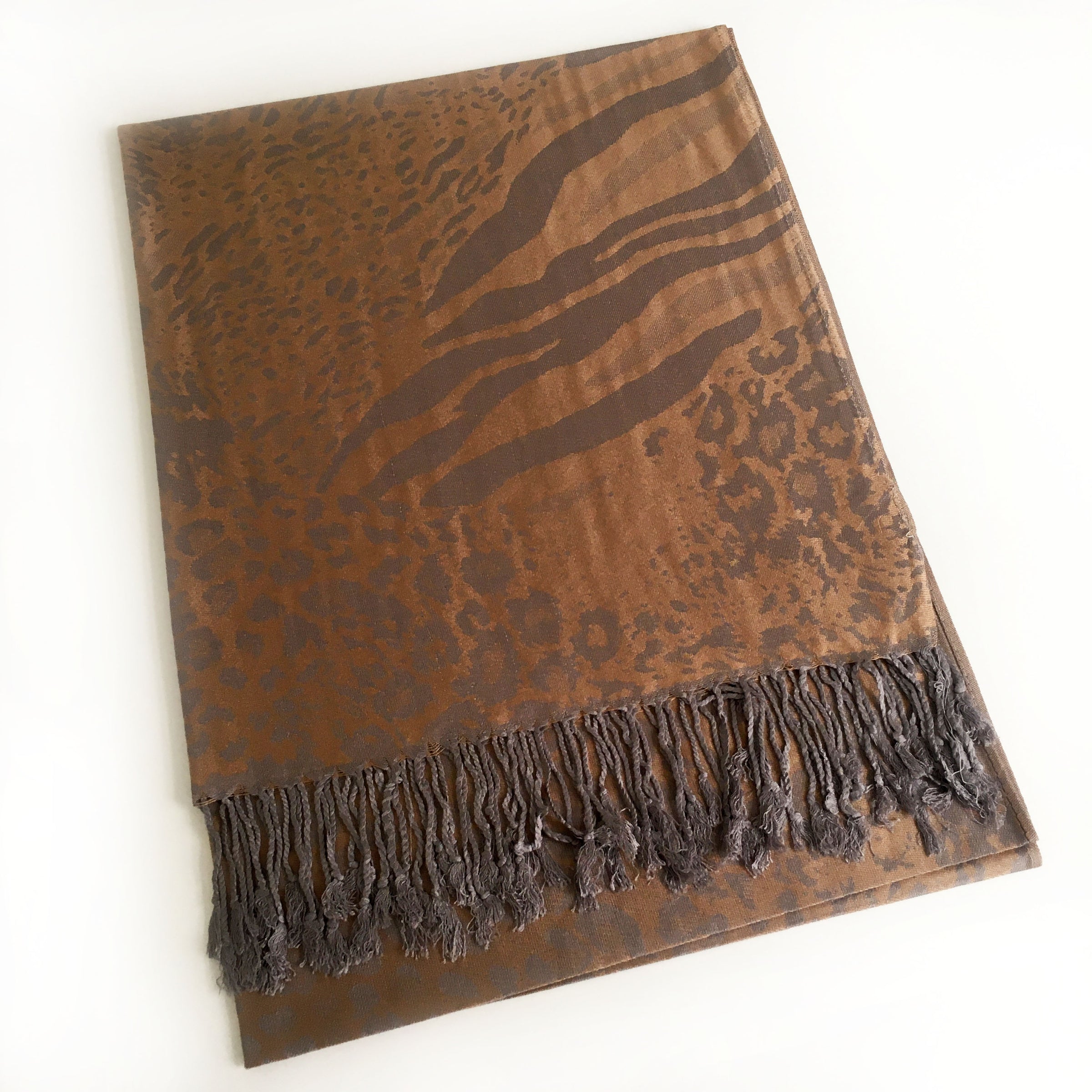 A-SHU BRONZE LARGE LEOPARD PRINT REVERSIBLE PASHMINA SHAWL SCARF - A-SHU.CO.UK