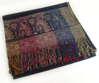 A-SHU LARGE NAVY BLUE RAINBOW MULTI COLOUR PAISLEY PRINT PASHMINA SHAWL SCARF - A-SHU.CO.UK