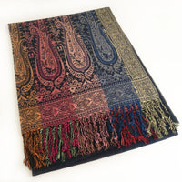 A-SHU LARGE NAVY BLUE RAINBOW MULTI COLOUR PAISLEY PRINT PASHMINA SHAWL SCARF - A-SHU.CO.UK