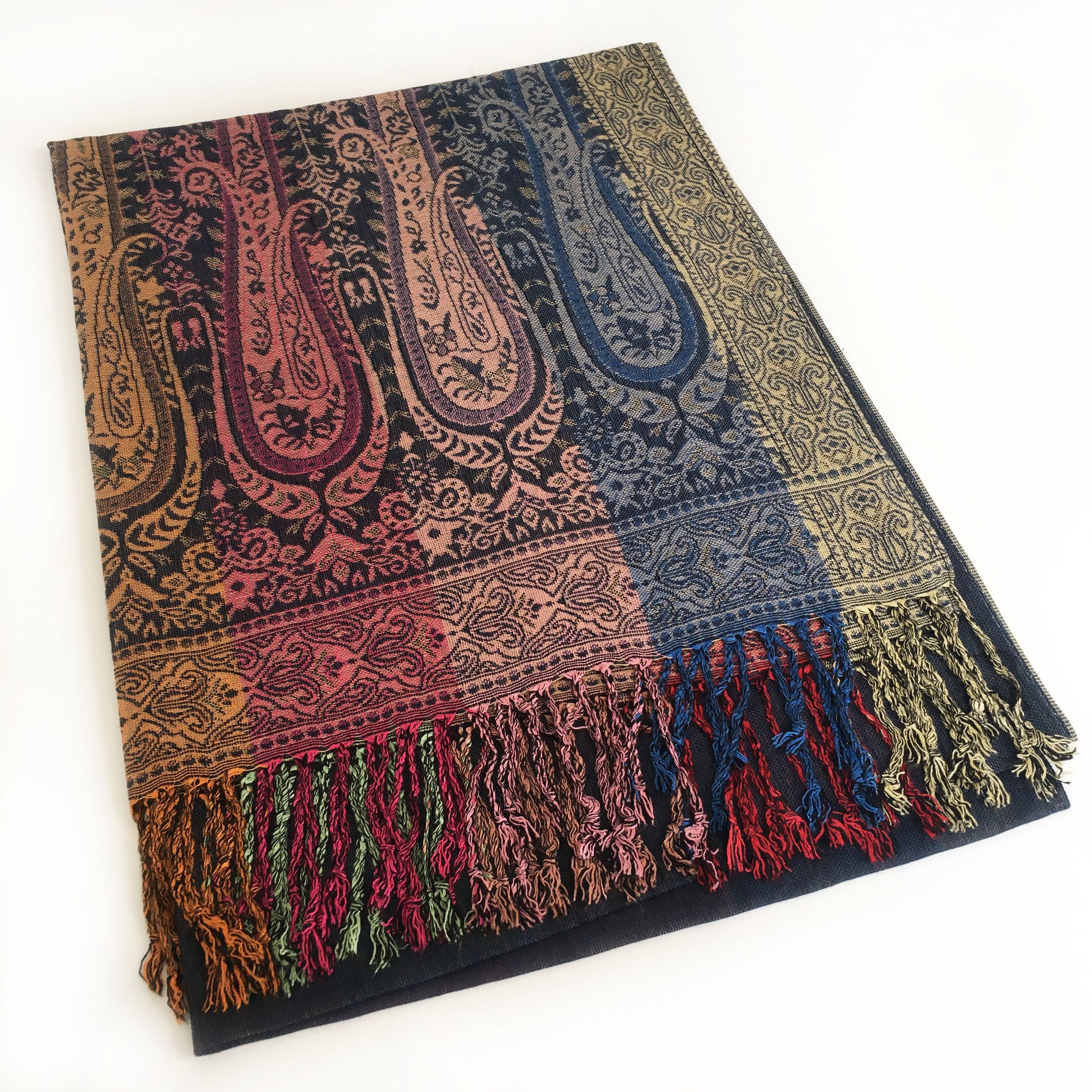 A-SHU LARGE NAVY BLUE RAINBOW MULTI COLOUR PAISLEY PRINT PASHMINA SHAWL SCARF - A-SHU.CO.UK