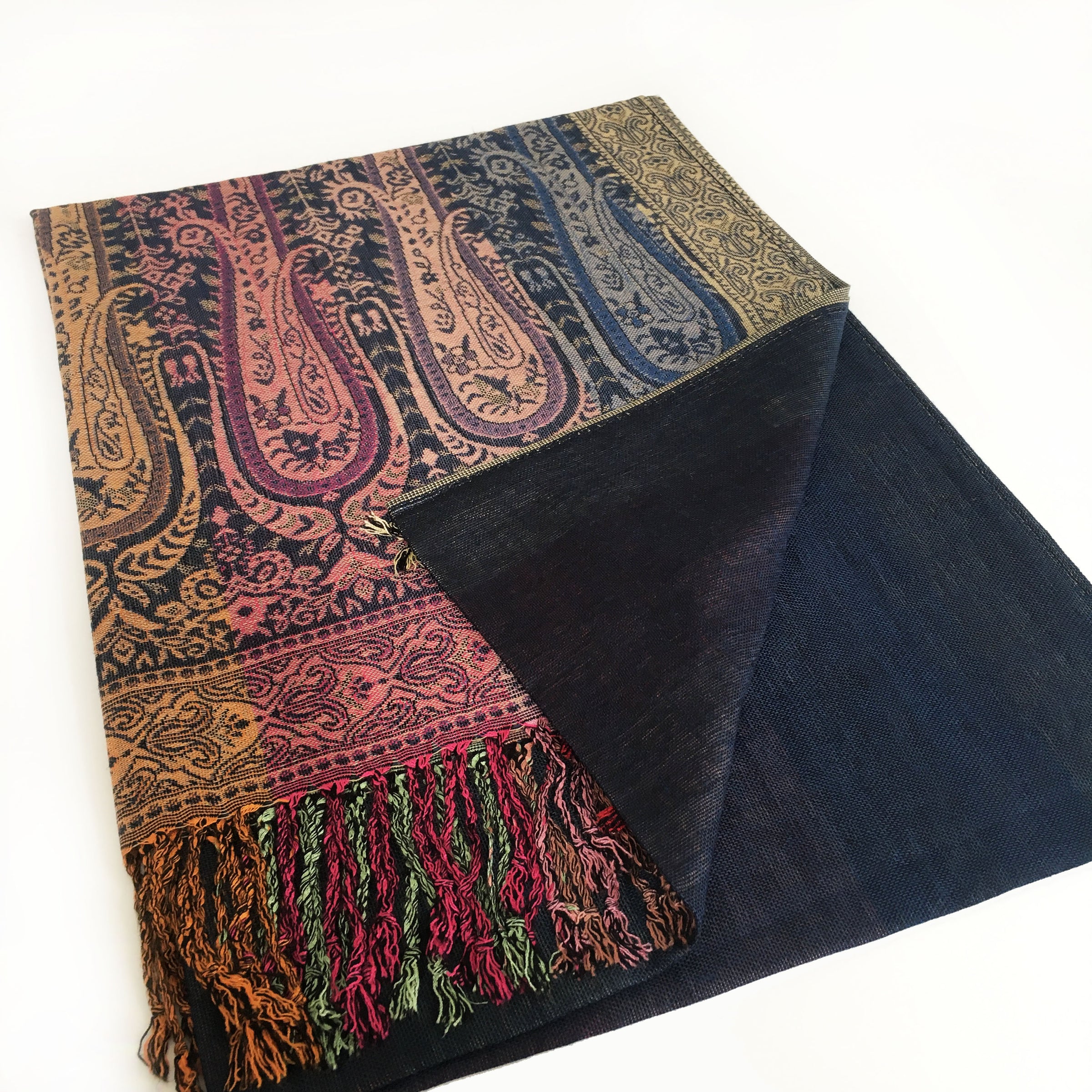 A-SHU LARGE NAVY BLUE RAINBOW MULTI COLOUR PAISLEY PRINT PASHMINA SHAWL SCARF - A-SHU.CO.UK