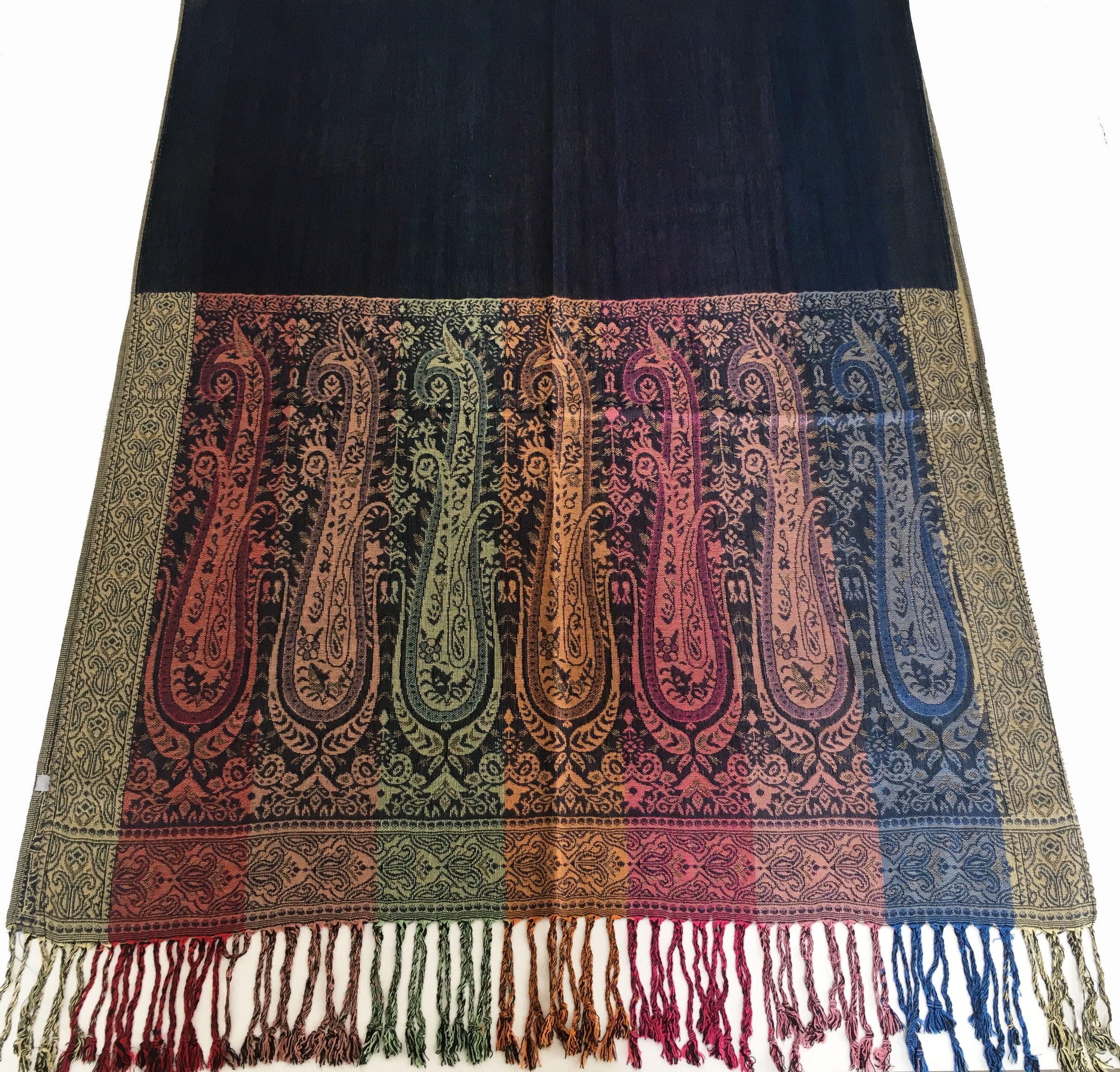 A-SHU LARGE NAVY BLUE RAINBOW MULTI COLOUR PAISLEY PRINT PASHMINA SHAWL SCARF - A-SHU.CO.UK