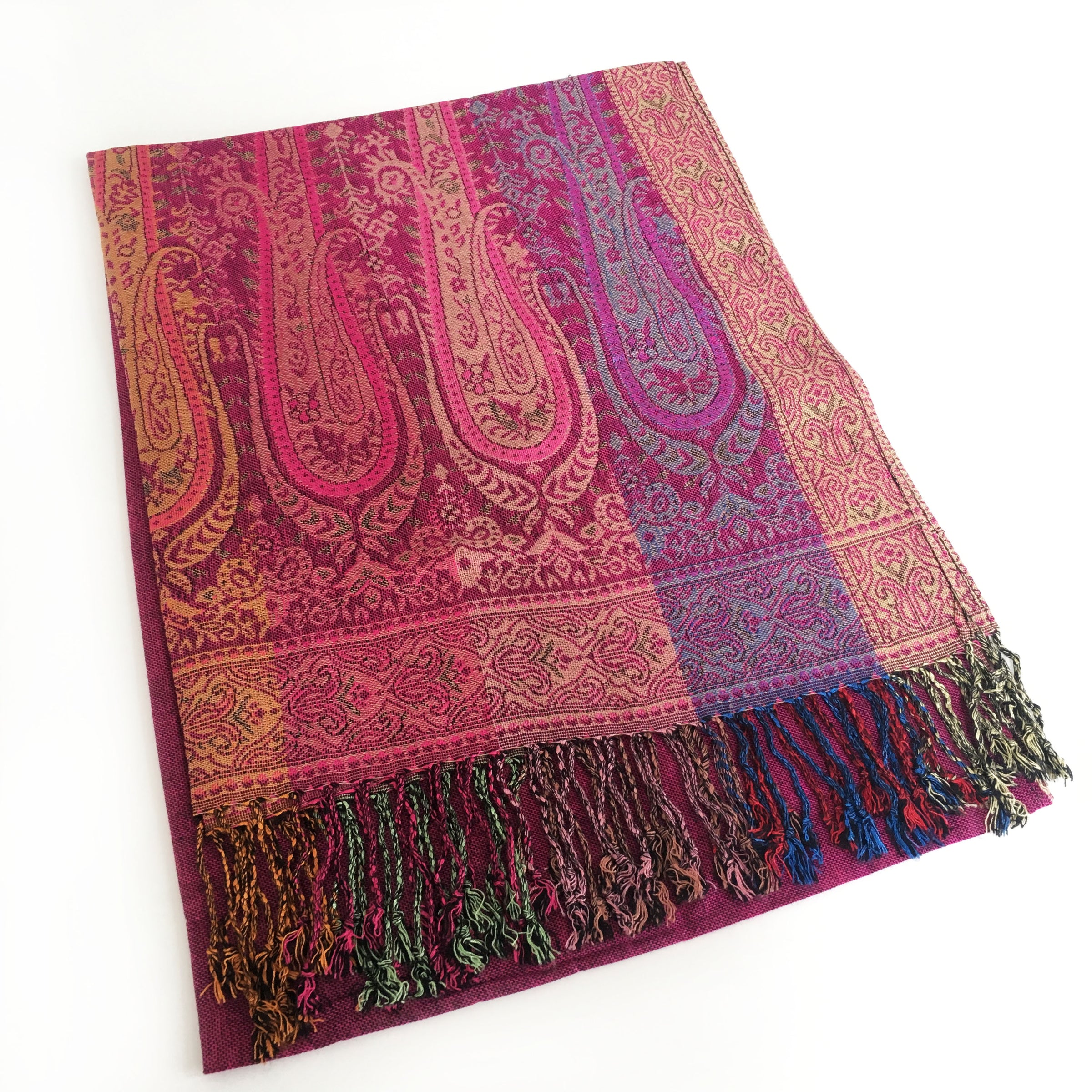 A-SHU LARGE PINK RAINBOW MULTI COLOUR PAISLEY PRINT PASHMINA SHAWL SCARF - A-SHU.CO.UK