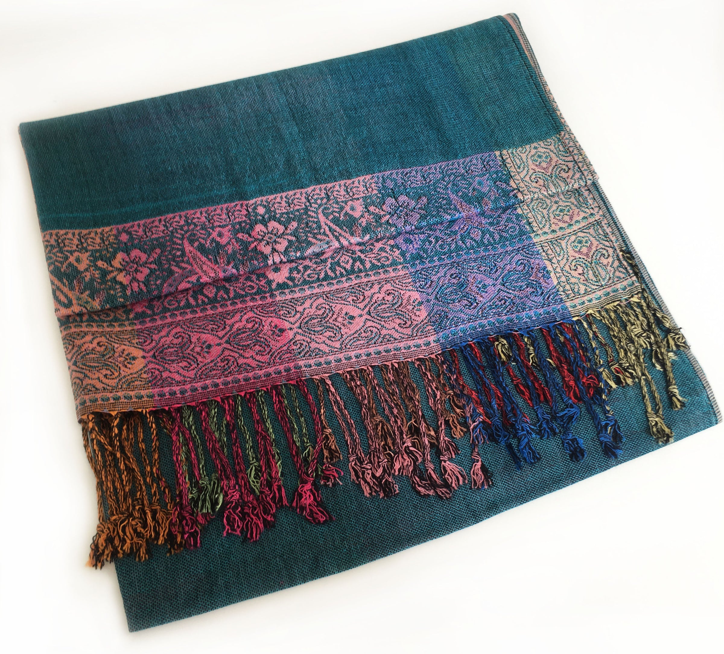 A-SHU LARGE TEAL RAINBOW MULTI COLOUR PAISLEY PRINT PASHMINA SHAWL SCARF - A-SHU.CO.UK