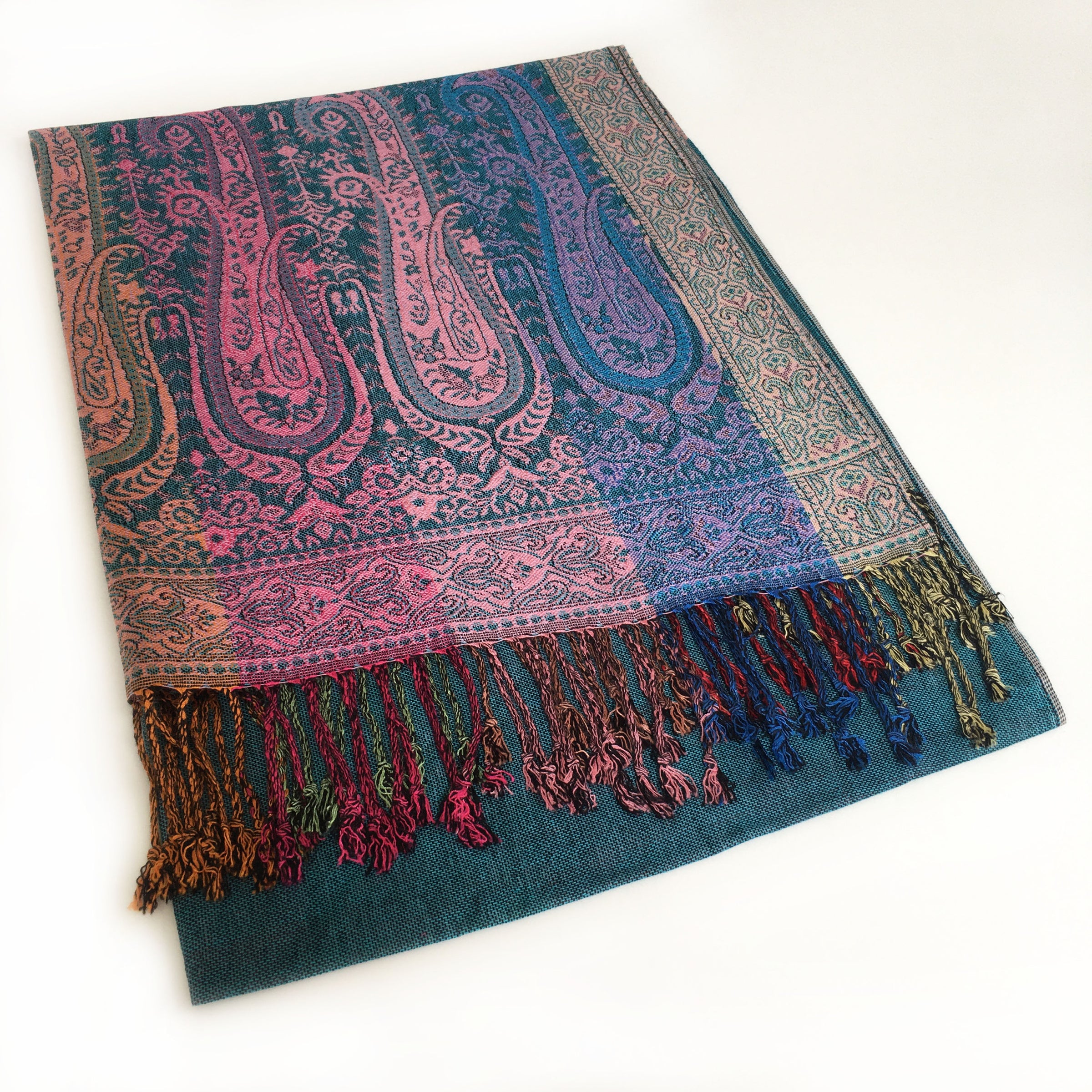 A-SHU LARGE TEAL RAINBOW MULTI COLOUR PAISLEY PRINT PASHMINA SHAWL SCARF - A-SHU.CO.UK
