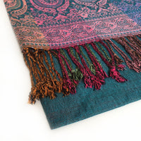A-SHU LARGE TEAL RAINBOW MULTI COLOUR PAISLEY PRINT PASHMINA SHAWL SCARF - A-SHU.CO.UK