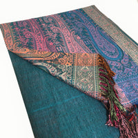 A-SHU LARGE TEAL RAINBOW MULTI COLOUR PAISLEY PRINT PASHMINA SHAWL SCARF - A-SHU.CO.UK