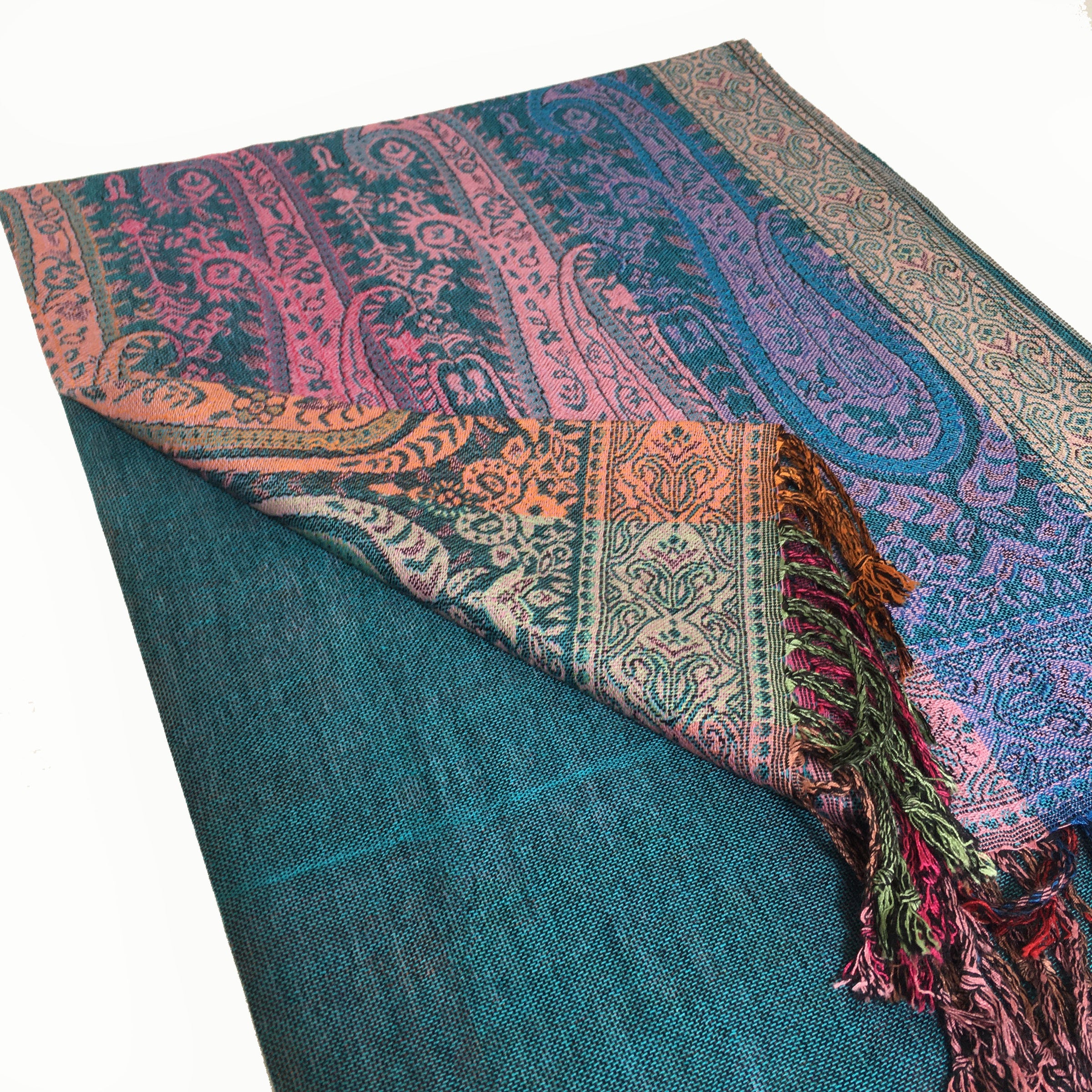 A-SHU LARGE TEAL RAINBOW MULTI COLOUR PAISLEY PRINT PASHMINA SHAWL SCARF - A-SHU.CO.UK
