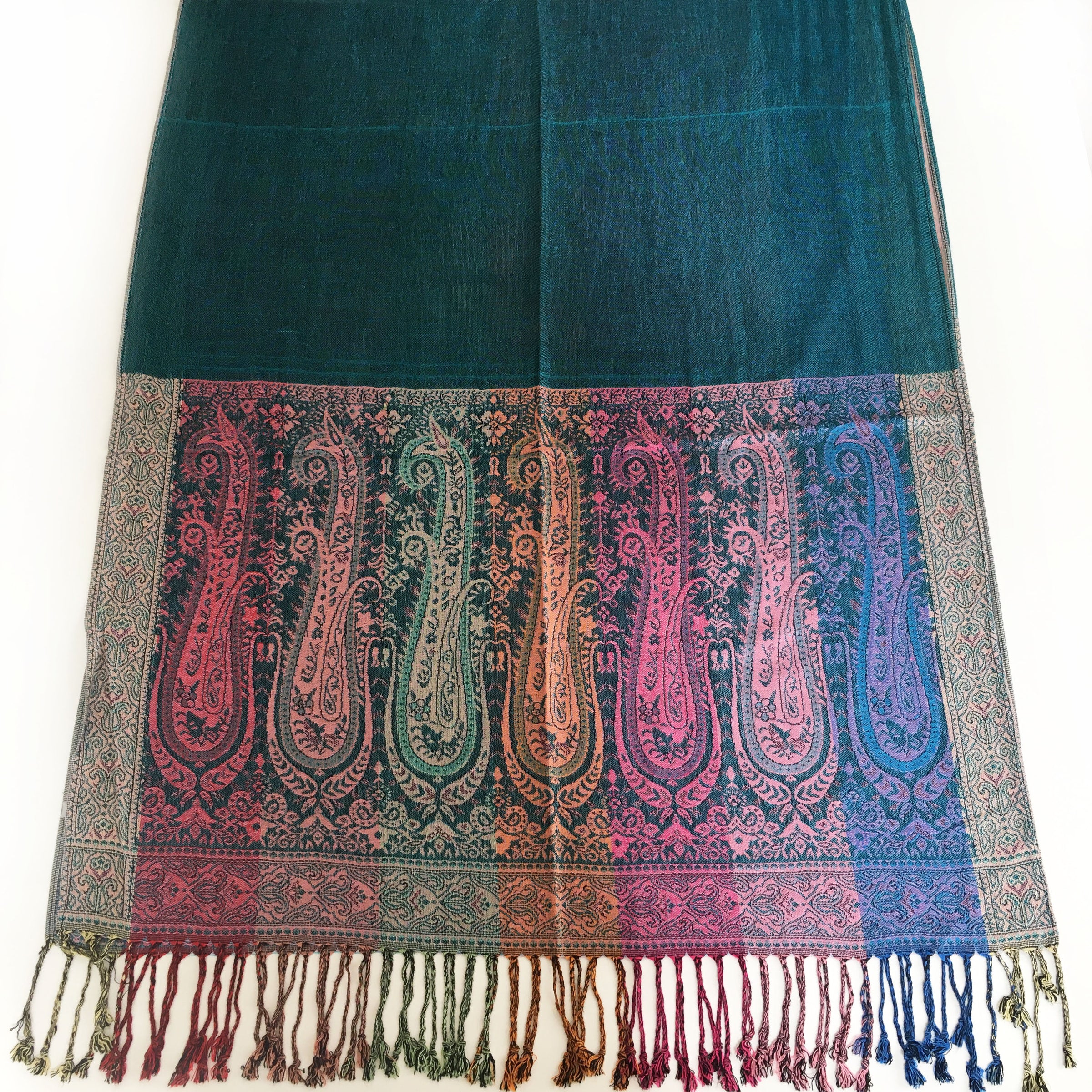 A-SHU LARGE TEAL RAINBOW MULTI COLOUR PAISLEY PRINT PASHMINA SHAWL SCARF - A-SHU.CO.UK