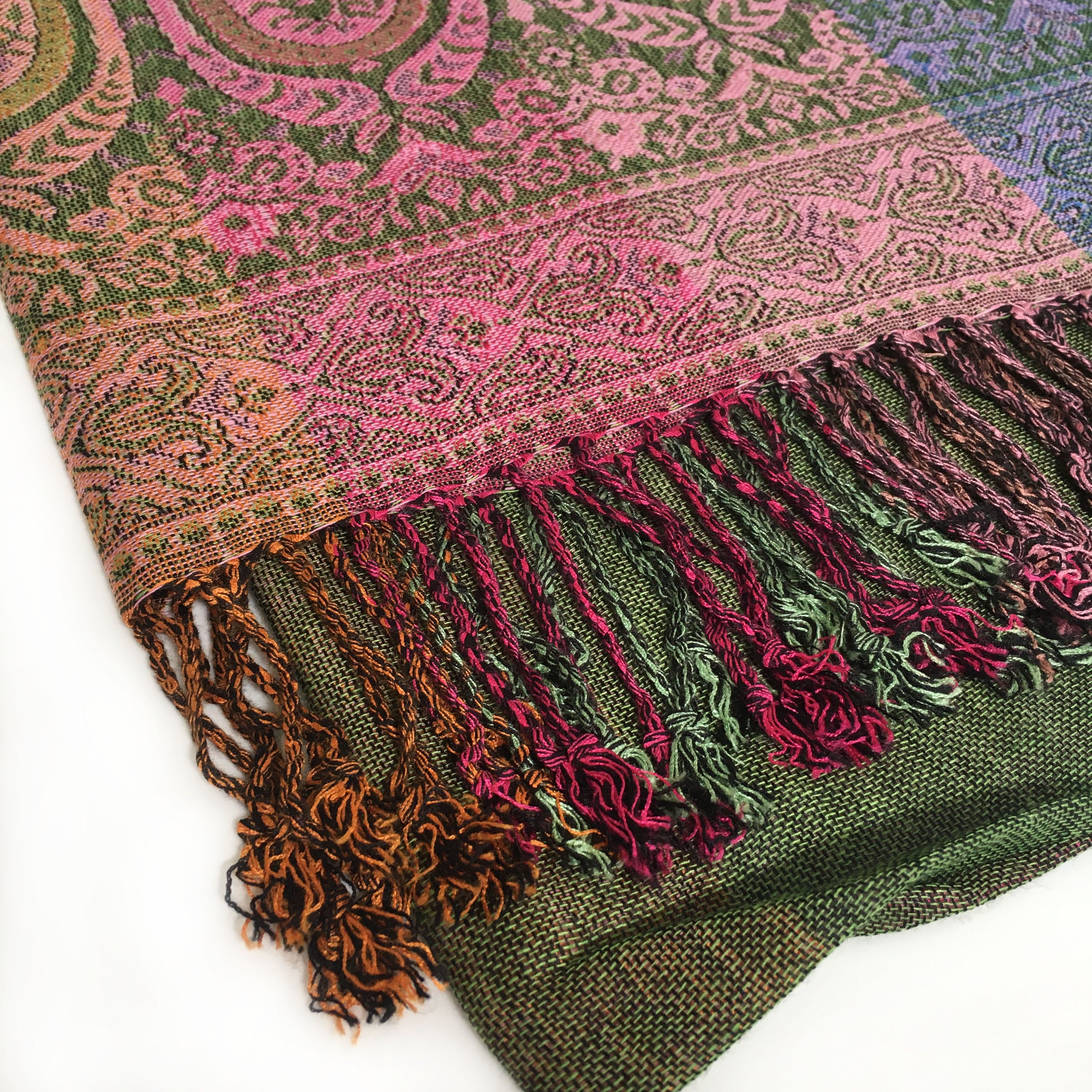 A-SHU LARGE GREEN RAINBOW MULTI COLOUR PAISLEY PRINT PASHMINA SHAWL SCARF - A-SHU.CO.UK