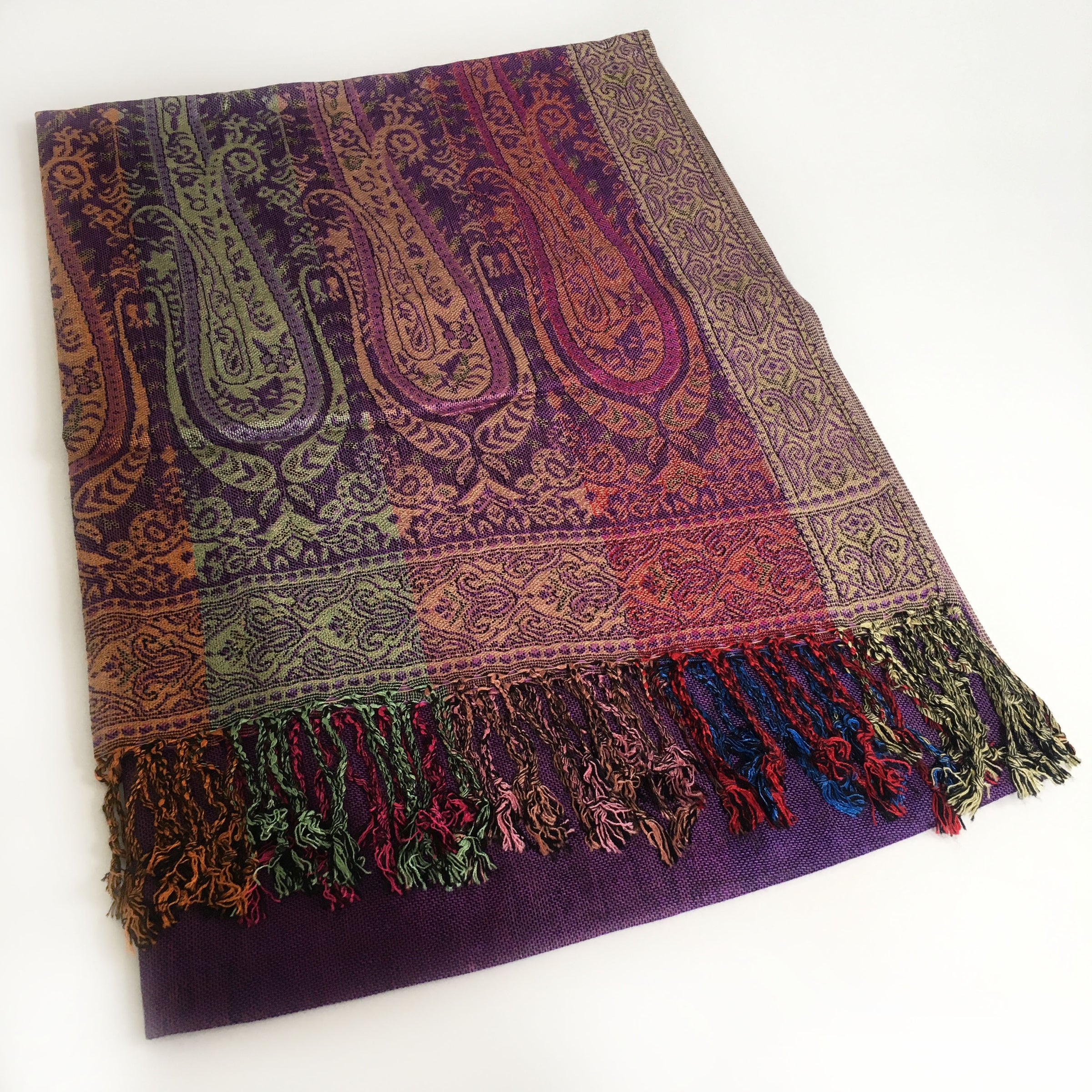 A-SHU LARGE PURPLE RAINBOW MULTI COLOUR PAISLEY PRINT PASHMINA SHAWL SCARF - A-SHU.CO.UK
