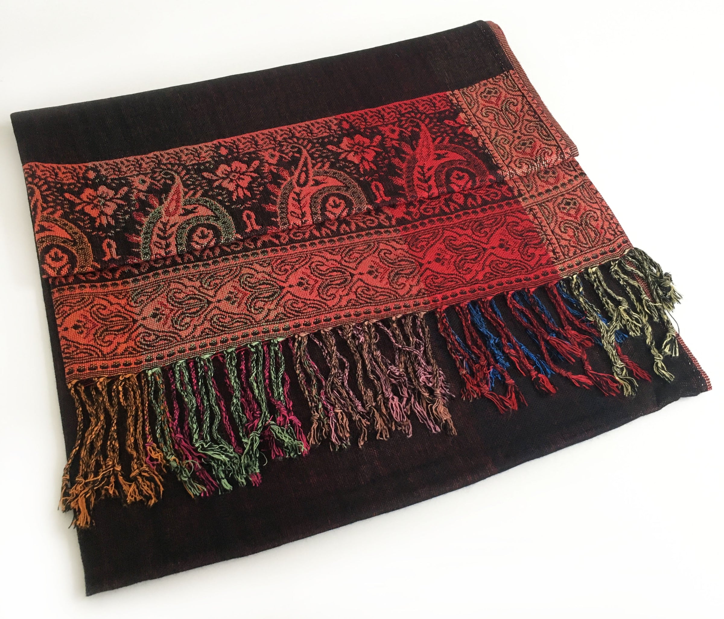 A-SHU LARGE BLACK RAINBOW MULTI COLOUR PAISLEY PRINT PASHMINA SHAWL SCARF - A-SHU.CO.UK