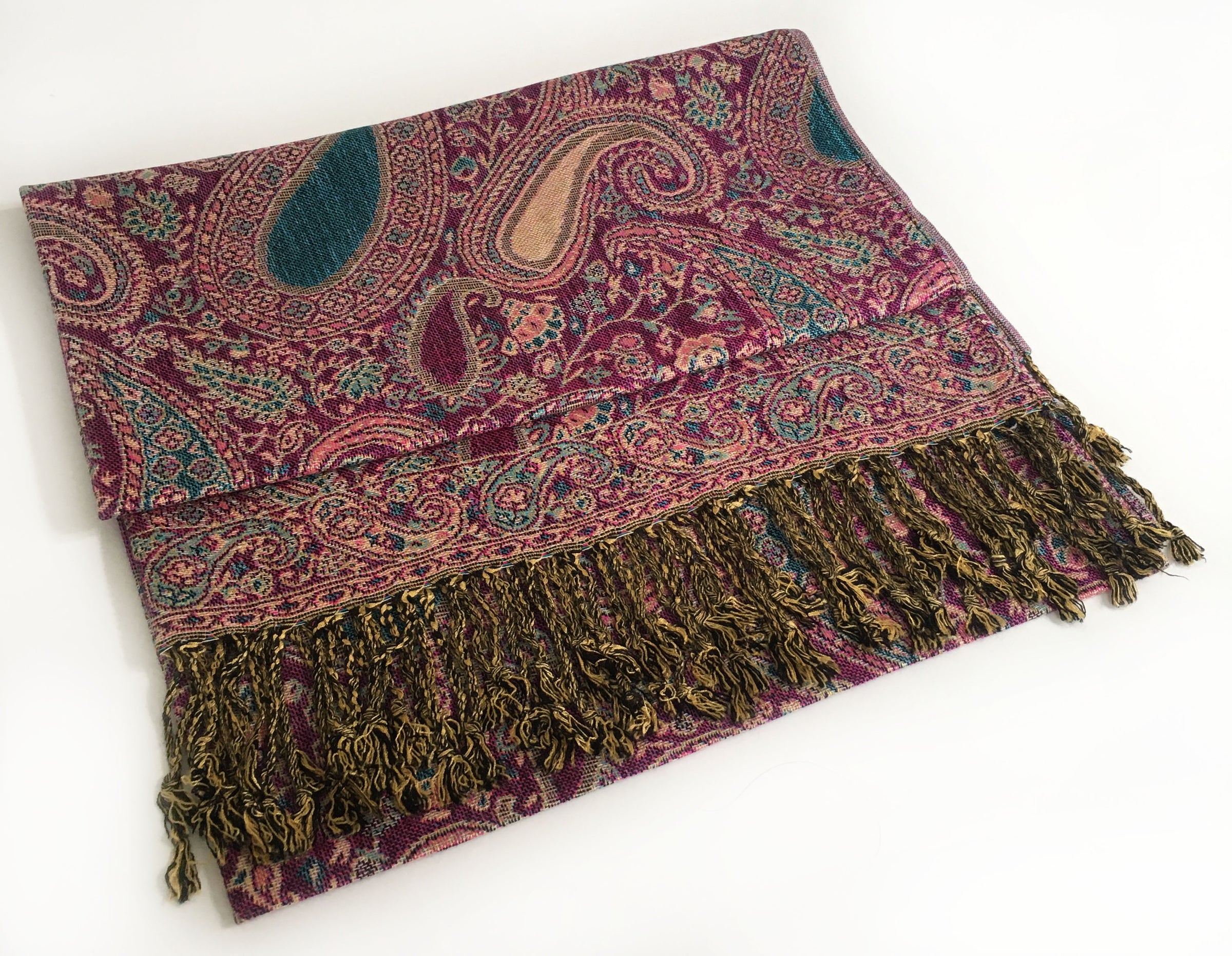 A-SHU LARGE FUSCHIA PINK MULTI COLOUR PAISLEY PRINT PASHMINA SHAWL SCARF - A-SHU.CO.UK
