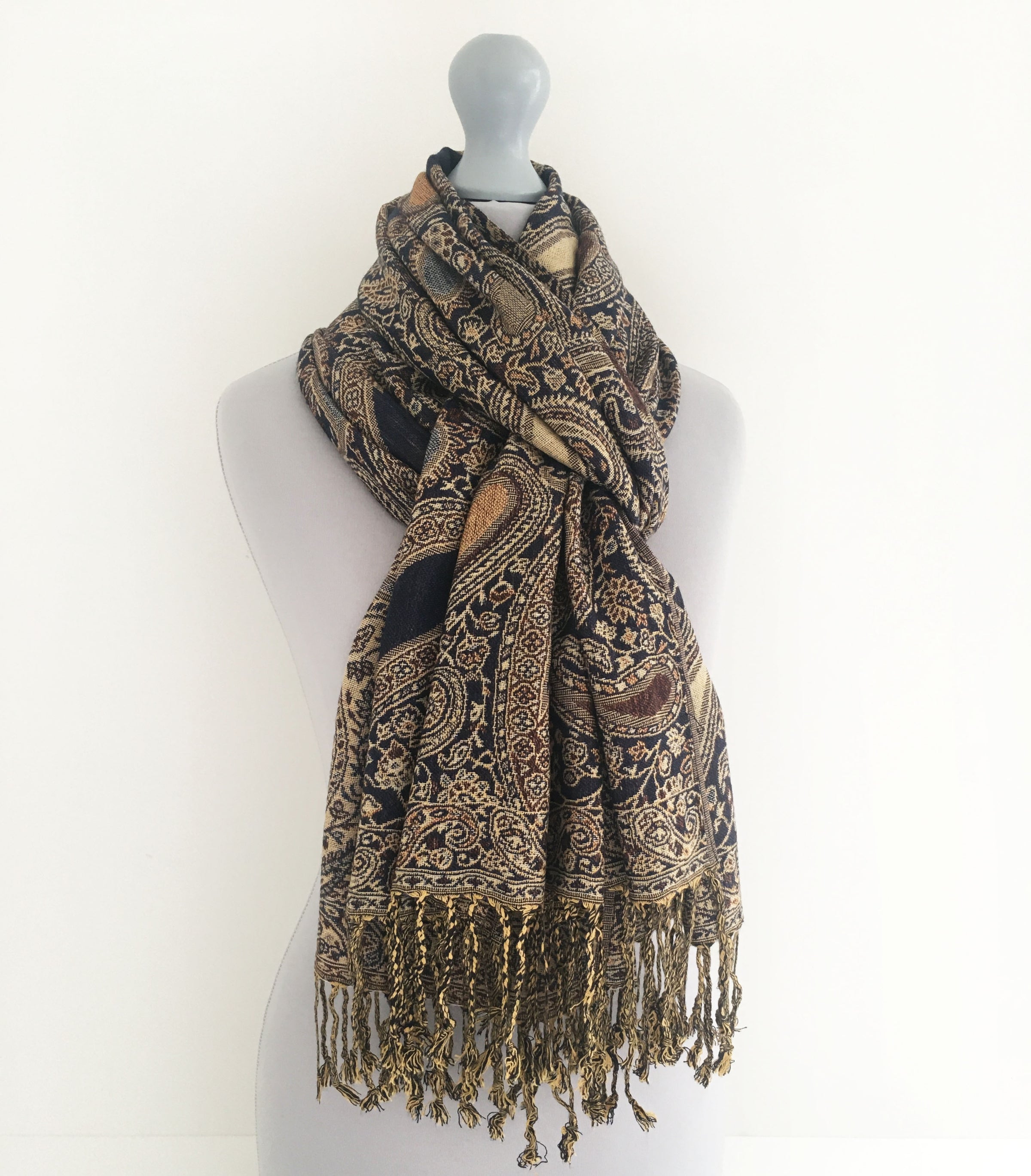 A-SHU LARGE BROWN MULTI COLOUR PAISLEY PRINT PASHMINA SHAWL SCARF - A-SHU.CO.UK