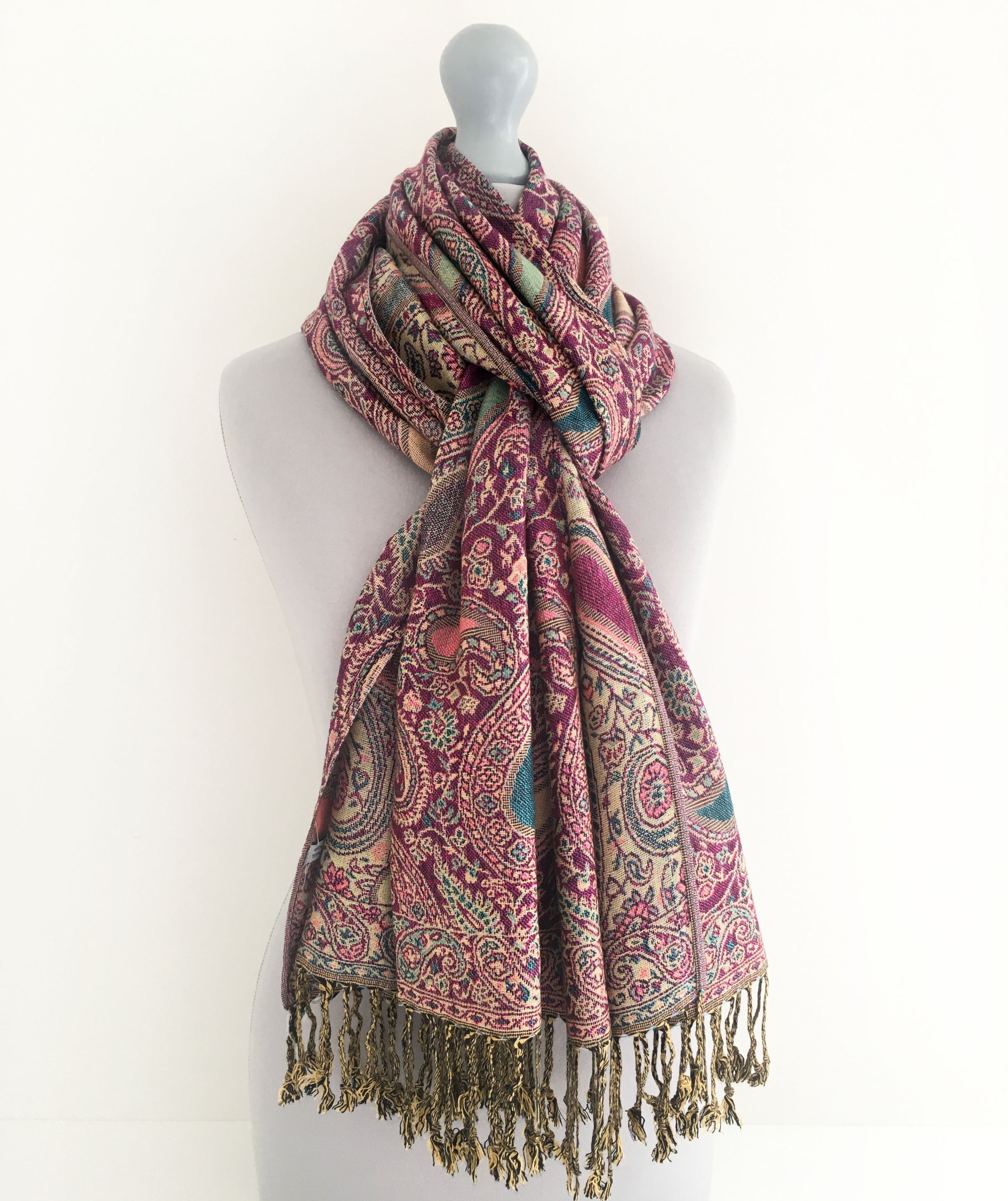 A-SHU LARGE FUSCHIA PINK MULTI COLOUR PAISLEY PRINT PASHMINA SHAWL SCARF - A-SHU.CO.UK