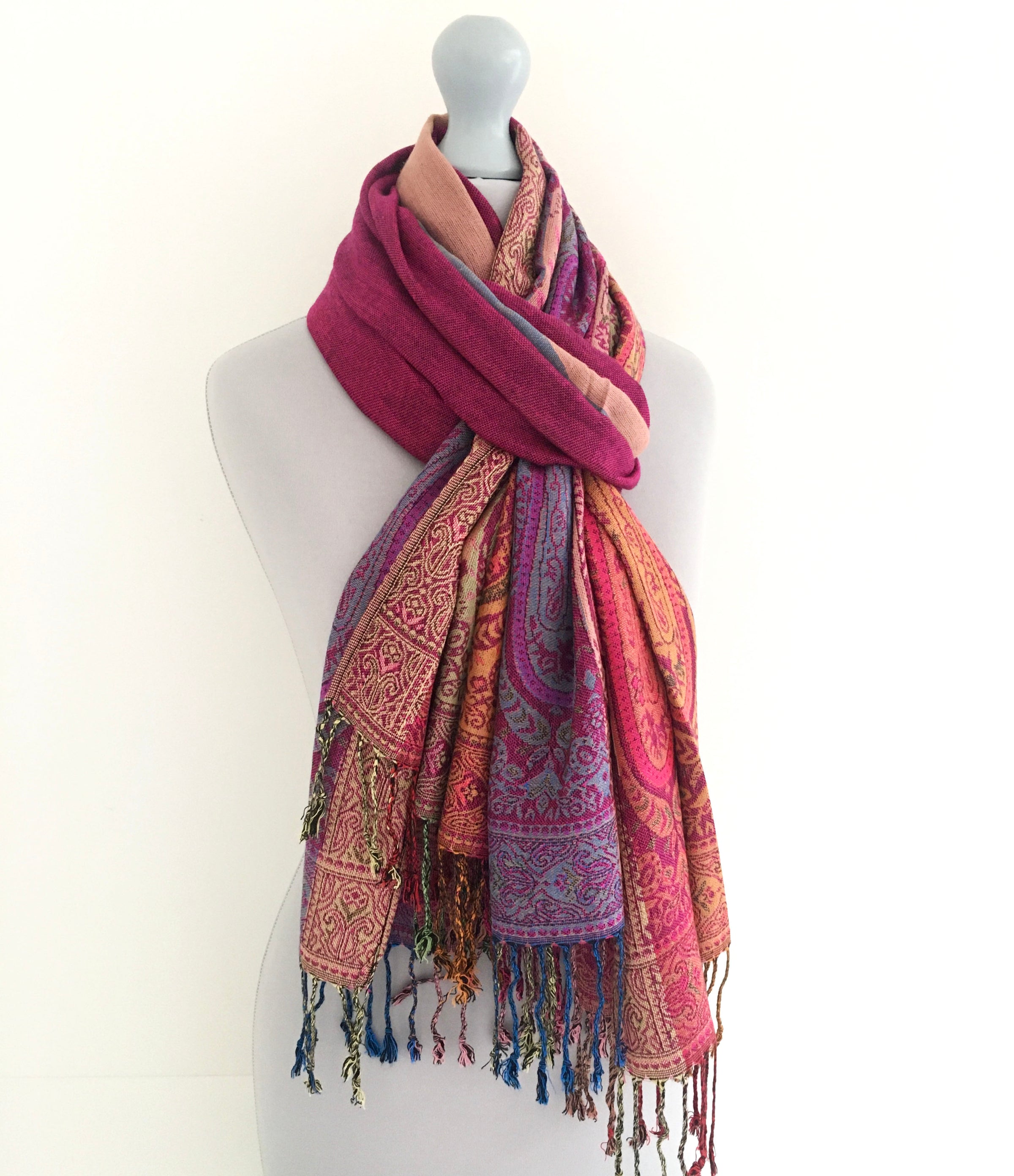 A-SHU LARGE PINK RAINBOW MULTI COLOUR PAISLEY PRINT PASHMINA SHAWL SCARF - A-SHU.CO.UK