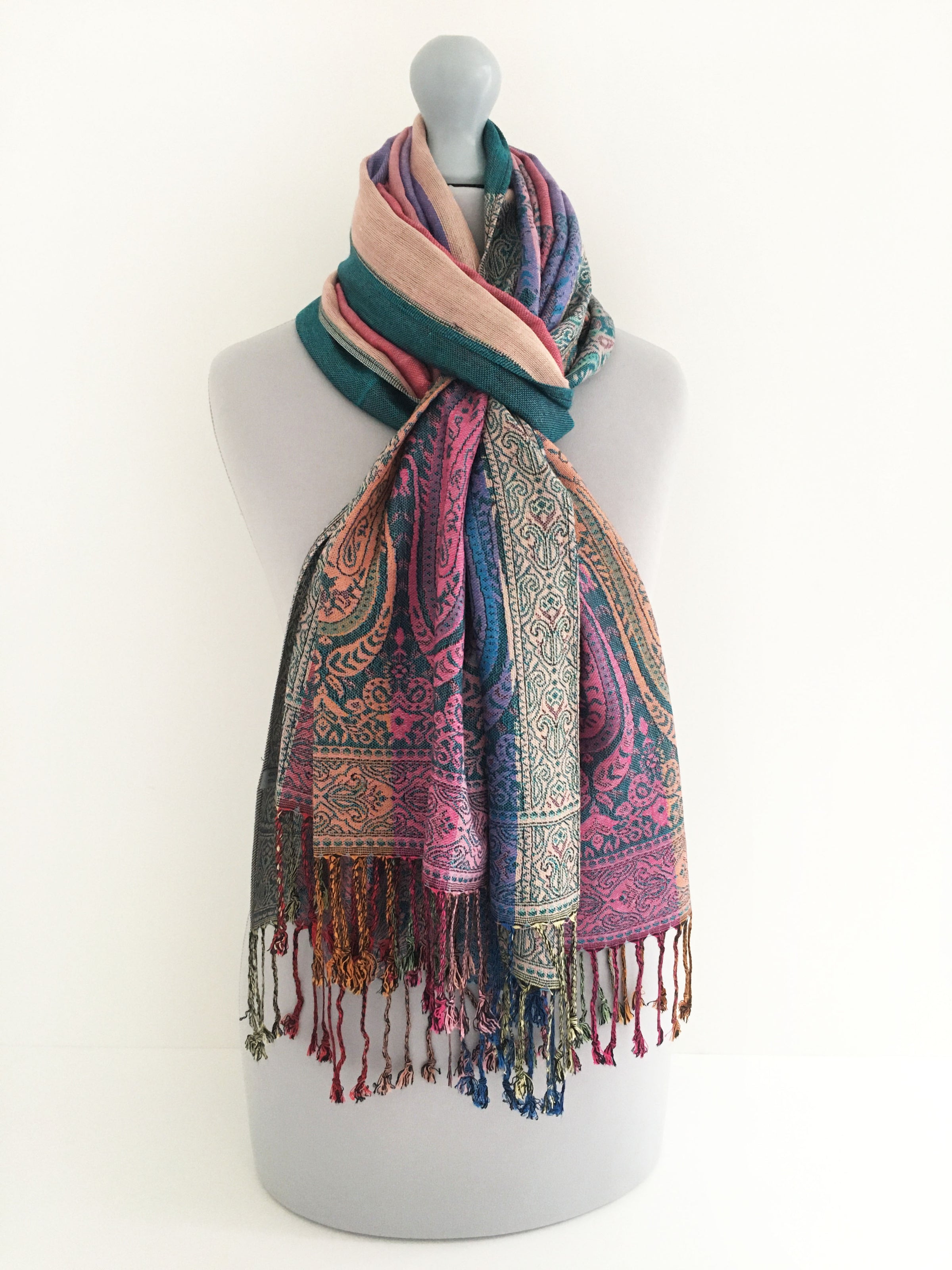 A-SHU LARGE TEAL RAINBOW MULTI COLOUR PAISLEY PRINT PASHMINA SHAWL SCARF - A-SHU.CO.UK