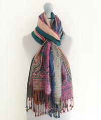 A-SHU LARGE TEAL RAINBOW MULTI COLOUR PAISLEY PRINT PASHMINA SHAWL SCARF - A-SHU.CO.UK