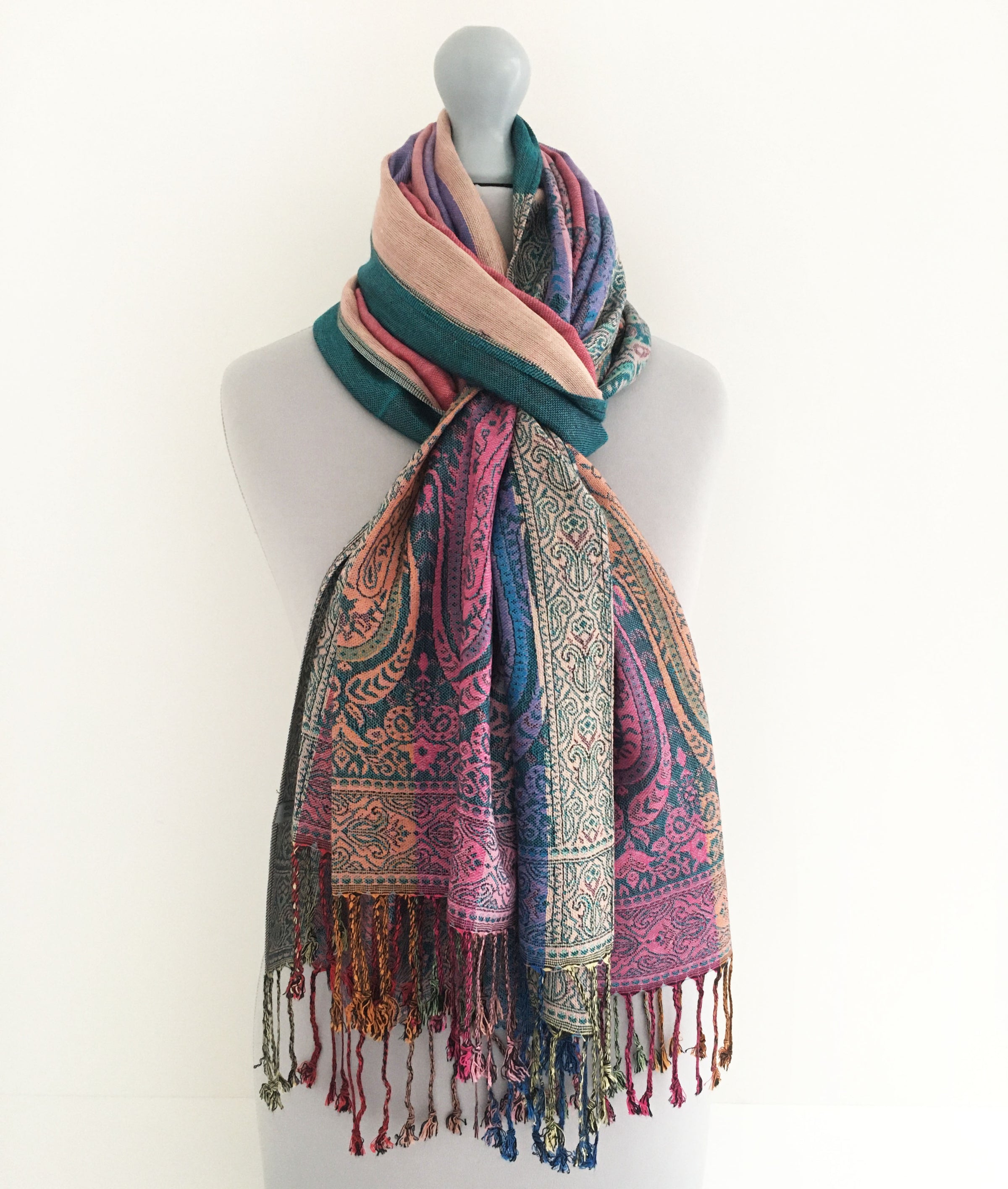 A-SHU LARGE TEAL RAINBOW MULTI COLOUR PAISLEY PRINT PASHMINA SHAWL SCARF - A-SHU.CO.UK