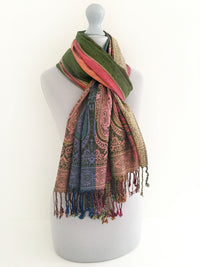 A-SHU LARGE GREEN RAINBOW MULTI COLOUR PAISLEY PRINT PASHMINA SHAWL SCARF - A-SHU.CO.UK