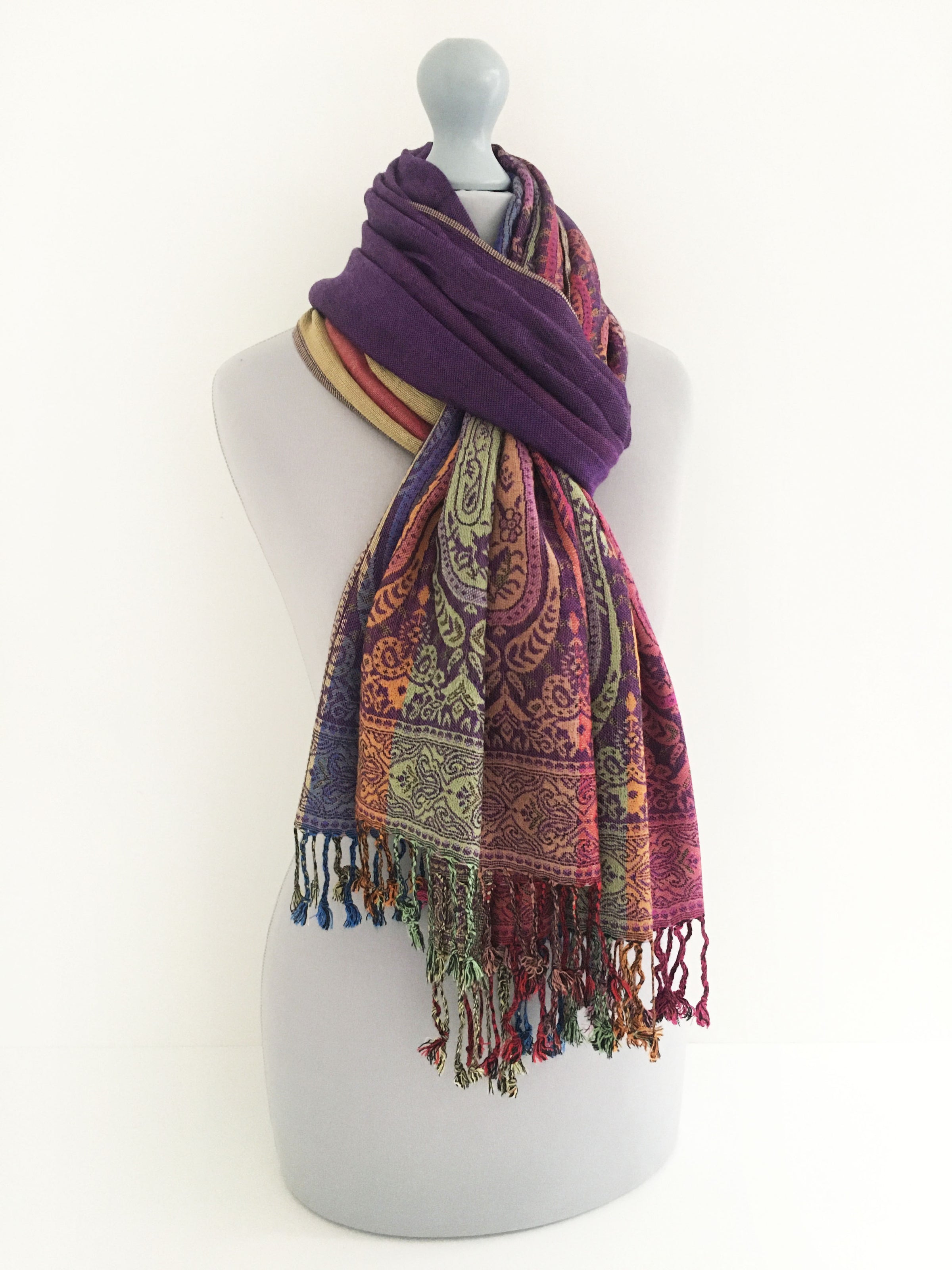 A-SHU LARGE PURPLE RAINBOW MULTI COLOUR PAISLEY PRINT PASHMINA SHAWL SCARF - A-SHU.CO.UK