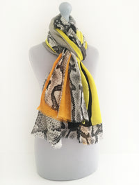 A-SHU LONG MUSTARD YELLOW BLOCKS SNAKESKIN PRINT LIGHTWEIGHT SHAWL SCARF - A-SHU.CO.UK