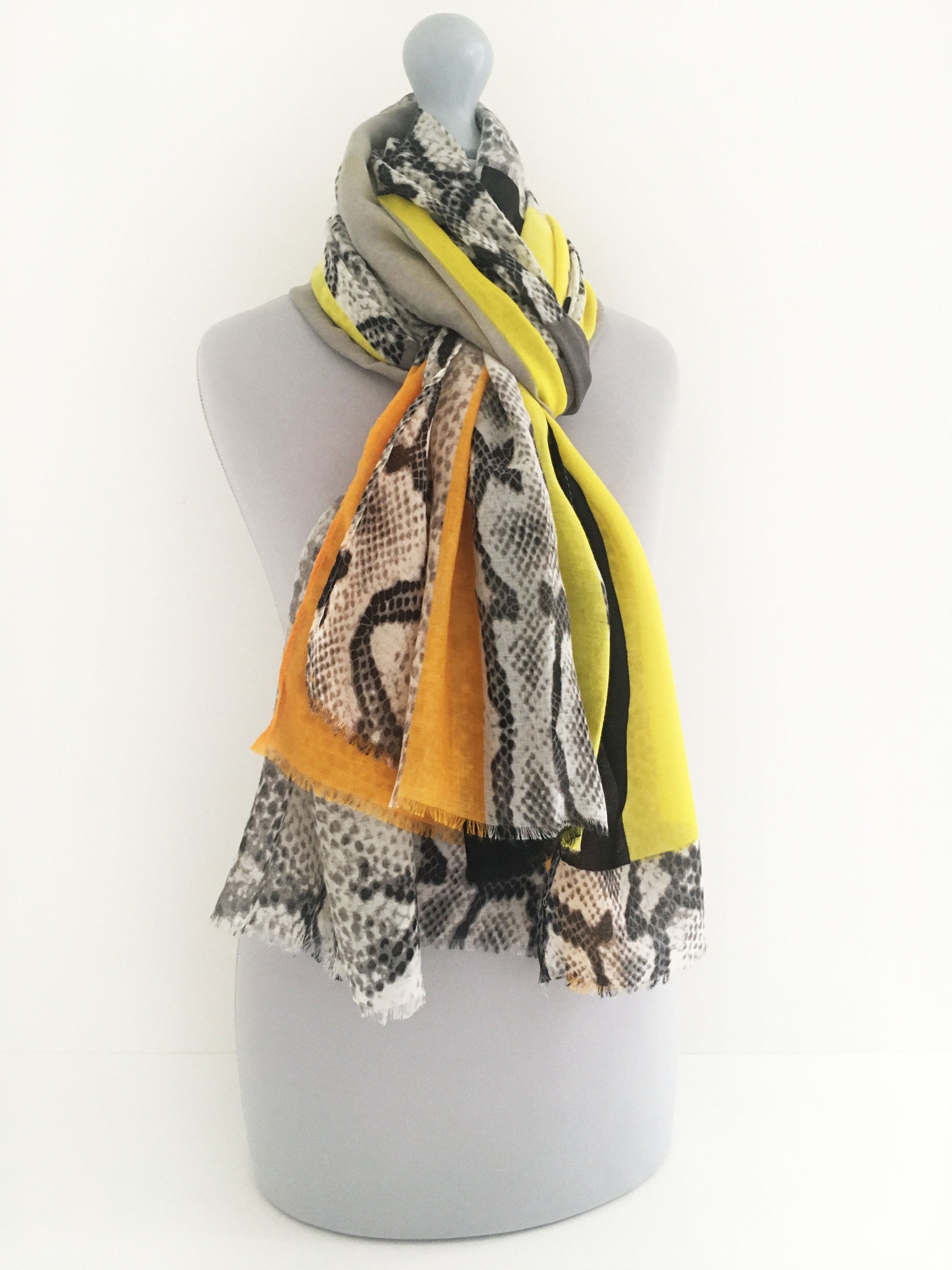 A-SHU LONG MUSTARD YELLOW BLOCKS SNAKESKIN PRINT LIGHTWEIGHT SHAWL SCARF - A-SHU.CO.UK