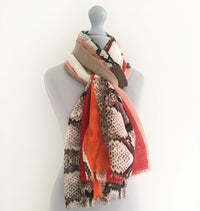 A-SHU LONG RED BLOCKS SNAKESKIN PRINT LIGHTWEIGHT SHAWL SCARF - A-SHU.CO.UK