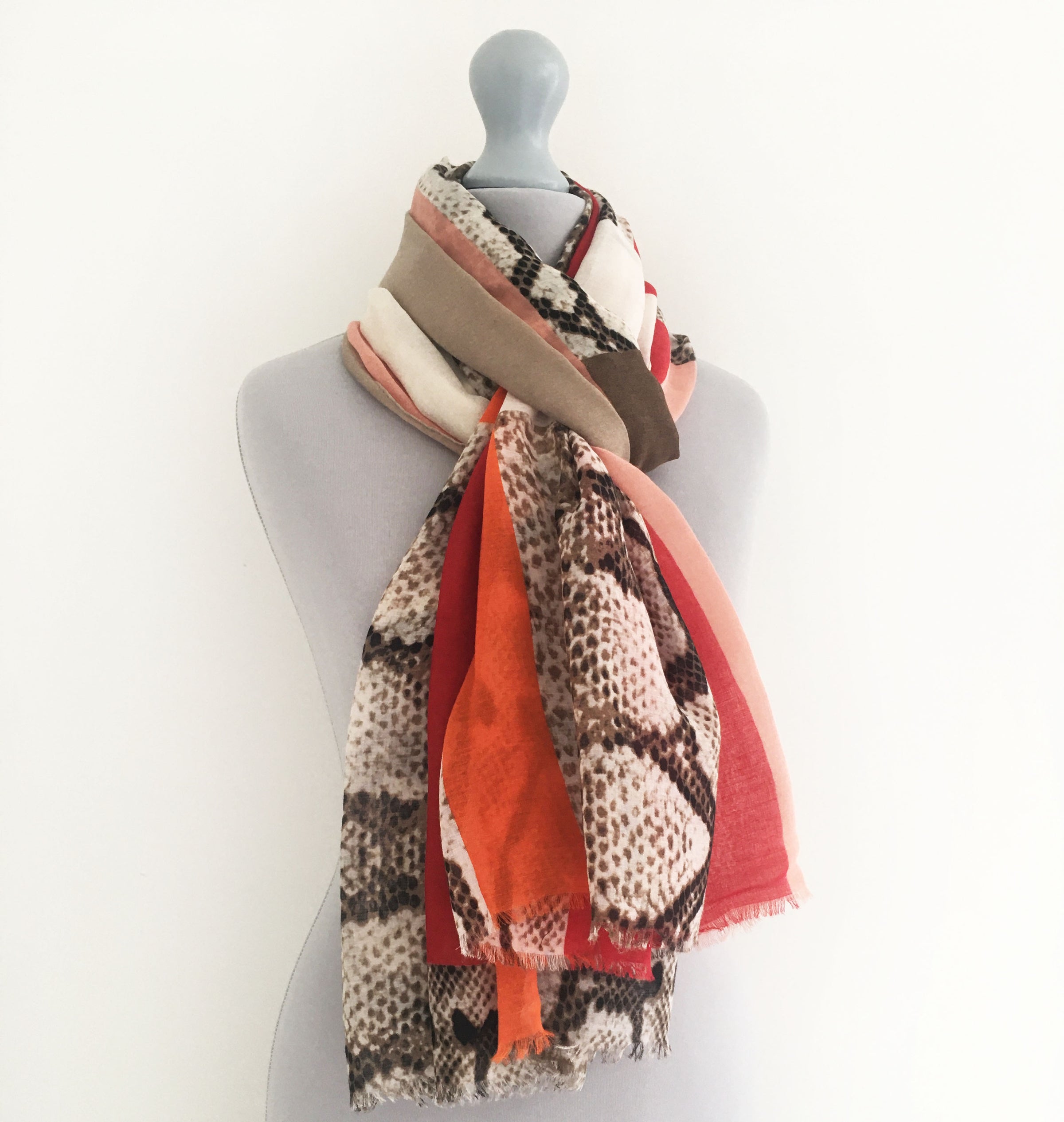 A-SHU LONG RED BLOCKS SNAKESKIN PRINT LIGHTWEIGHT SHAWL SCARF - A-SHU.CO.UK