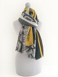 A-SHU LARGE MUSTARD YELLOW BLOCK PRINT SNAKESKIN SHAWL SCARF - A-SHU.CO.UK