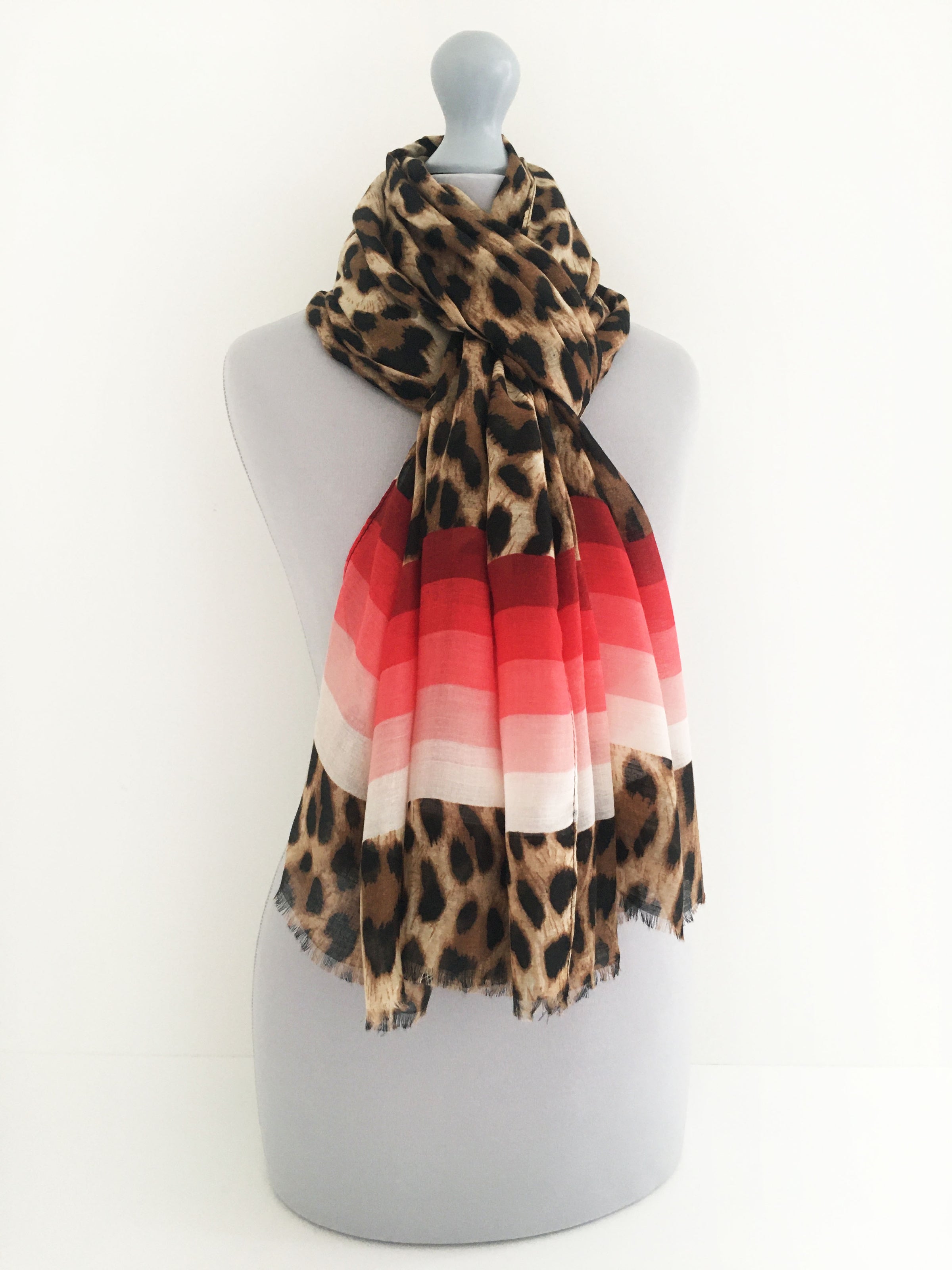 A-SHU LARGE LEOPARD PRINT SHAWL SCARF WITH RED STRIPES - A-SHU.CO.UK