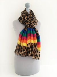 A-SHU LARGE LEOPARD PRINT SHAWL SCARF WITH MULTI COLOUR RAINBOW STRIPES - A-SHU.CO.UK