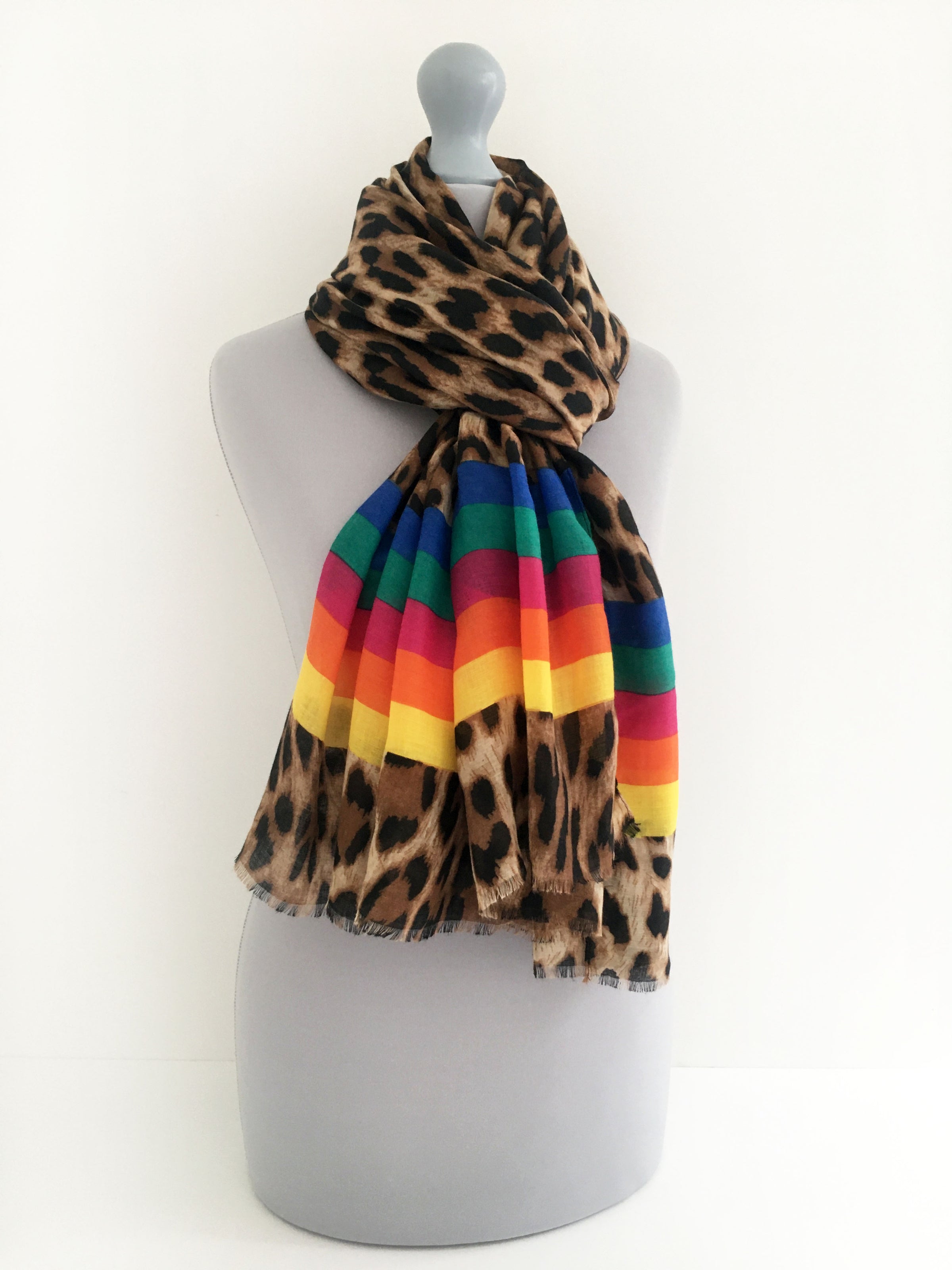 A-SHU LARGE LEOPARD PRINT SHAWL SCARF WITH MULTI COLOUR RAINBOW STRIPES - A-SHU.CO.UK