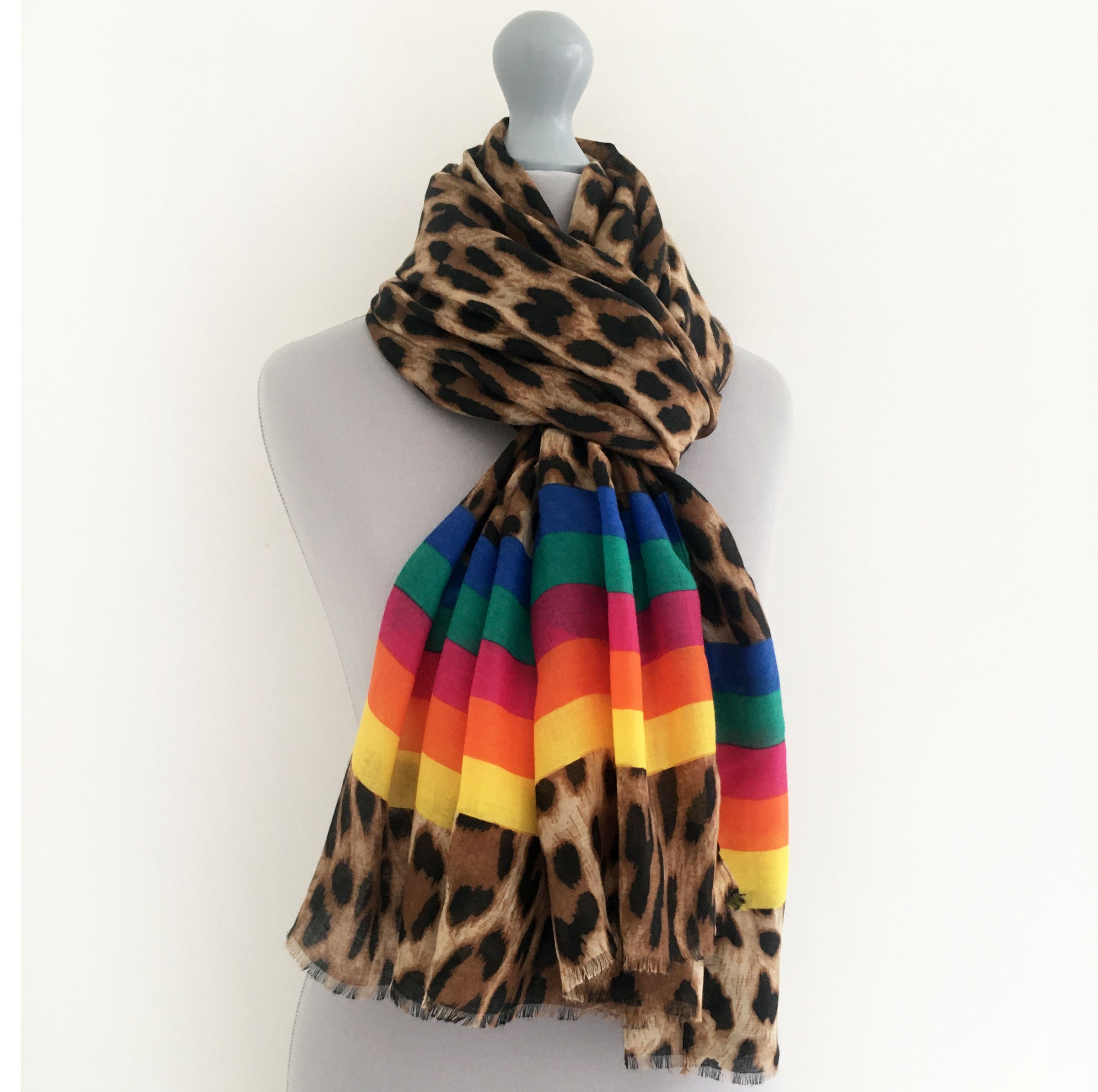 A-SHU LARGE LEOPARD PRINT SHAWL SCARF WITH MULTI COLOUR RAINBOW STRIPES - A-SHU.CO.UK