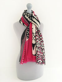A-SHU LARGE FUSCHIA PINK COTTON MIX TIGER AND LEOPARD PRINT SHAWL SCARF - A-SHU.CO.UK