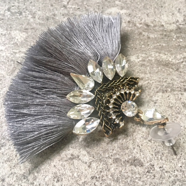 A-SHU SILVER GREY LARGE DIAMANTE TASSEL / FRINGE EARRINGS - A-SHU.CO.UK