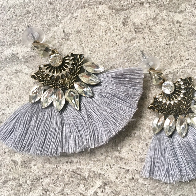 A-SHU SILVER GREY LARGE DIAMANTE TASSEL / FRINGE EARRINGS - A-SHU.CO.UK