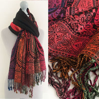 A-SHU LARGE BLACK RAINBOW MULTI COLOUR PAISLEY PRINT PASHMINA SHAWL SCARF - A-SHU.CO.UK