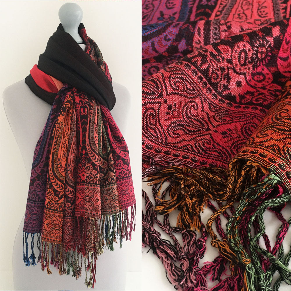 A-SHU LARGE BLACK RAINBOW MULTI COLOUR PAISLEY PRINT PASHMINA SHAWL SCARF - A-SHU.CO.UK