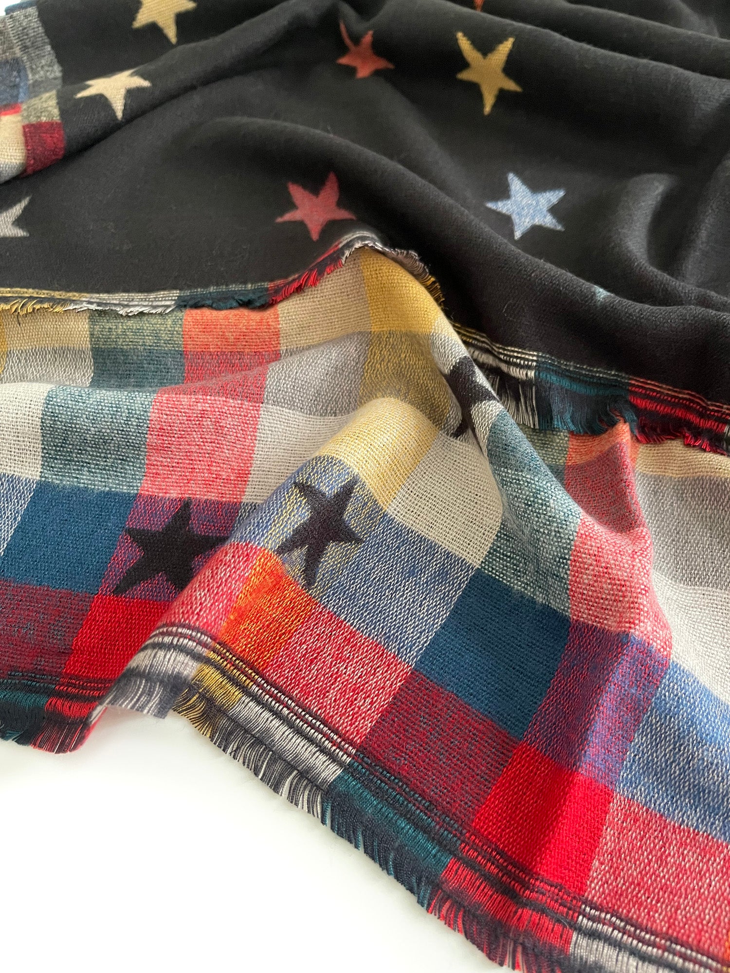 LARGE BLACK STAR PRINT REVERSIBLE CHECKED WINTER SHAWL BLANKET SCARF