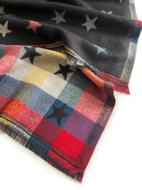 LARGE BLACK STAR PRINT REVERSIBLE CHECKED WINTER SHAWL BLANKET SCARF