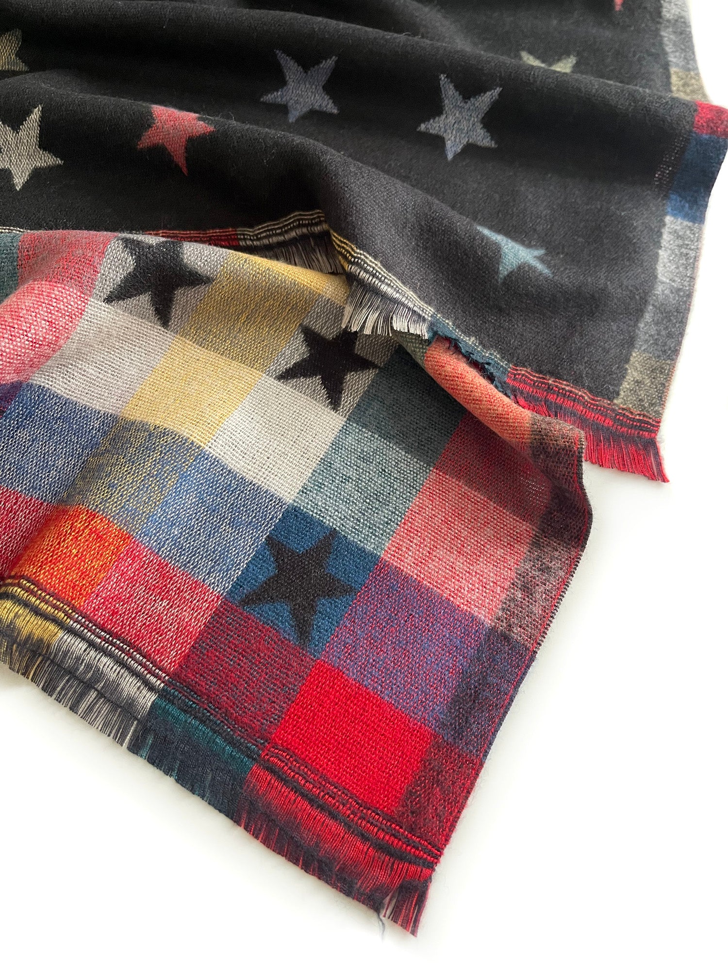 LARGE BLACK STAR PRINT REVERSIBLE CHECKED WINTER SHAWL BLANKET SCARF