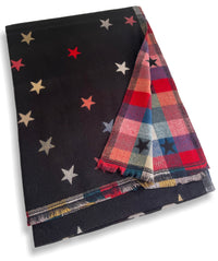 LARGE BLACK STAR PRINT REVERSIBLE CHECKED WINTER SHAWL BLANKET SCARF