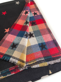 LARGE BLACK STAR PRINT REVERSIBLE CHECKED WINTER SHAWL BLANKET SCARF