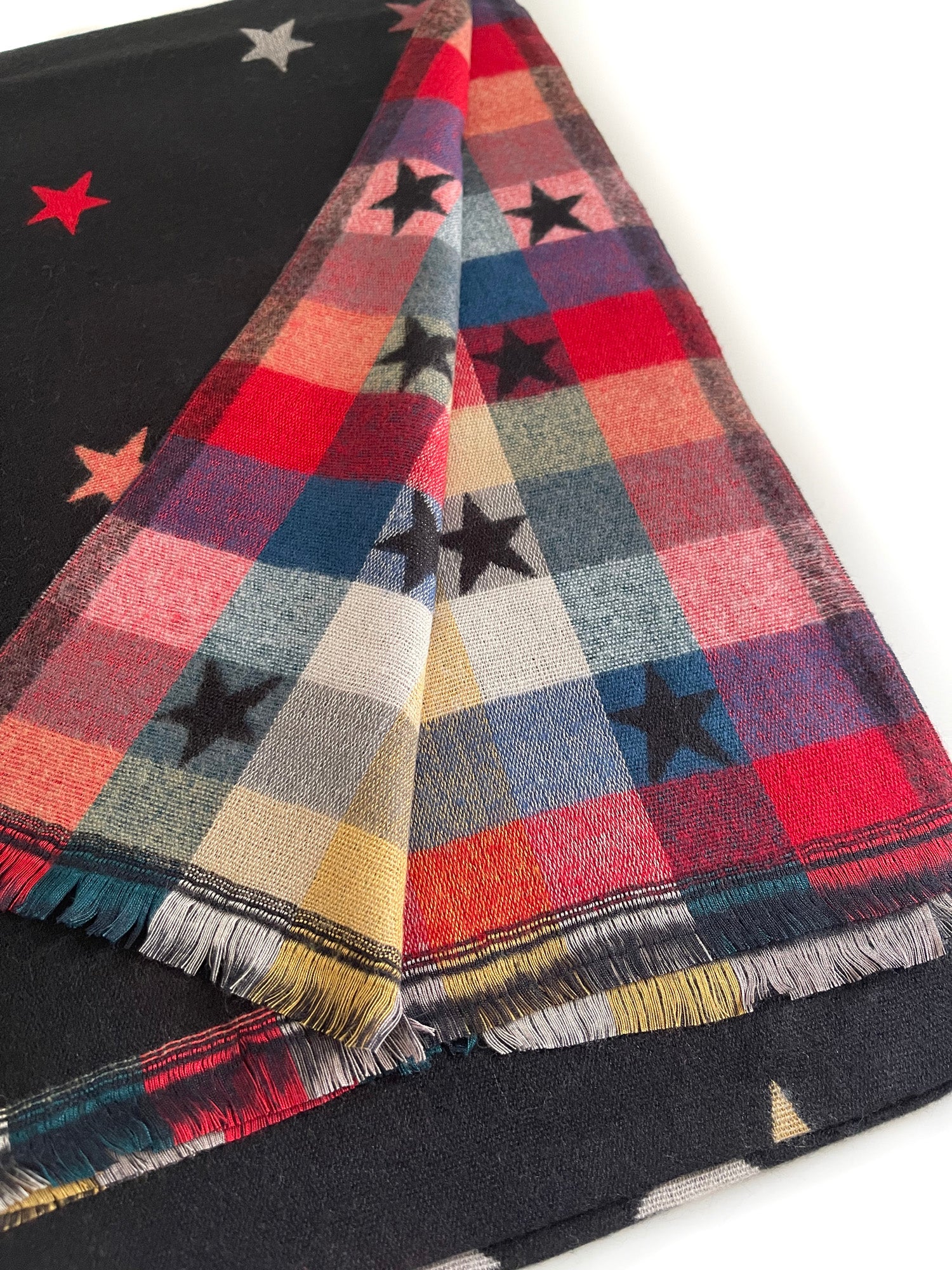 LARGE BLACK STAR PRINT REVERSIBLE CHECKED WINTER SHAWL BLANKET SCARF